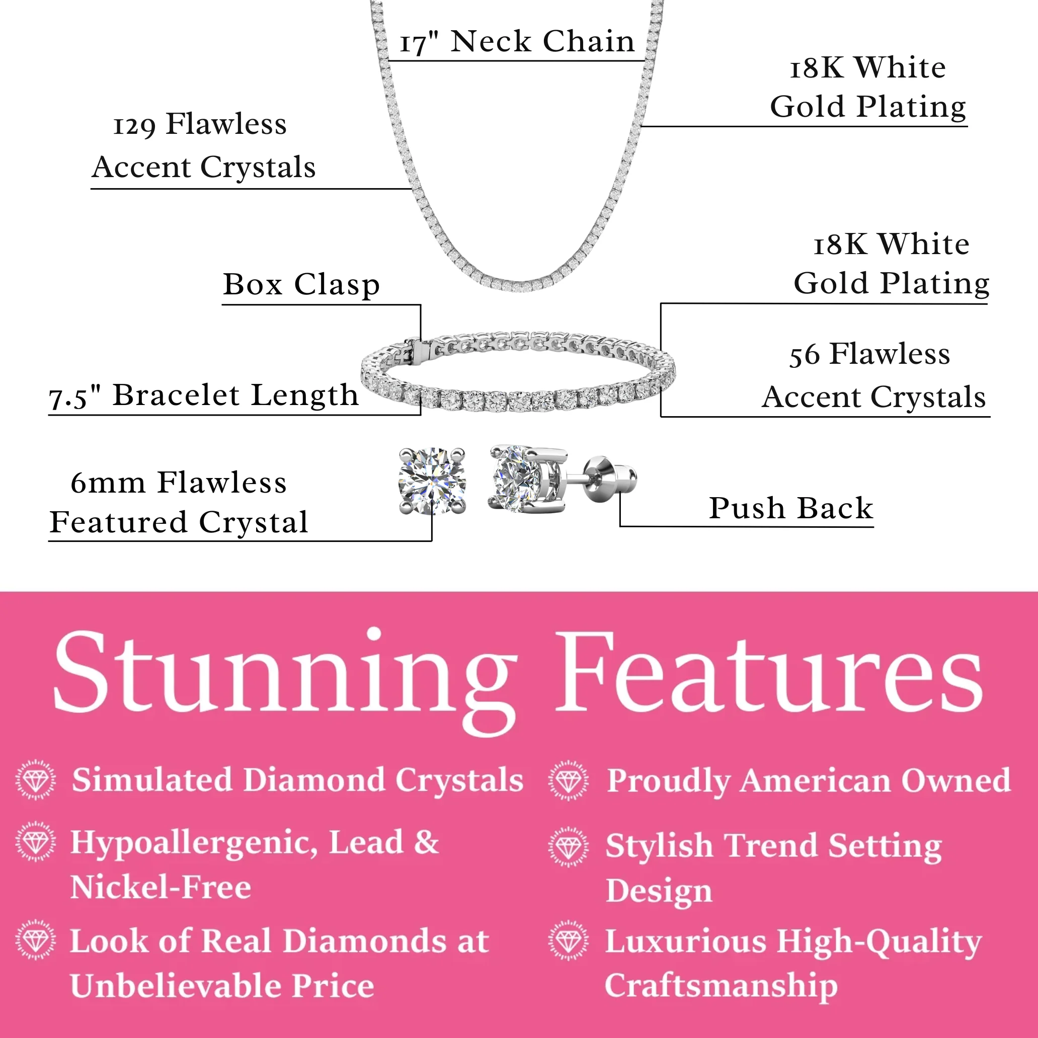 Kaylee 18k White Gold Plated Jewelry Set with Simulated Diamond Crystals (Pack of 3) - Image 3