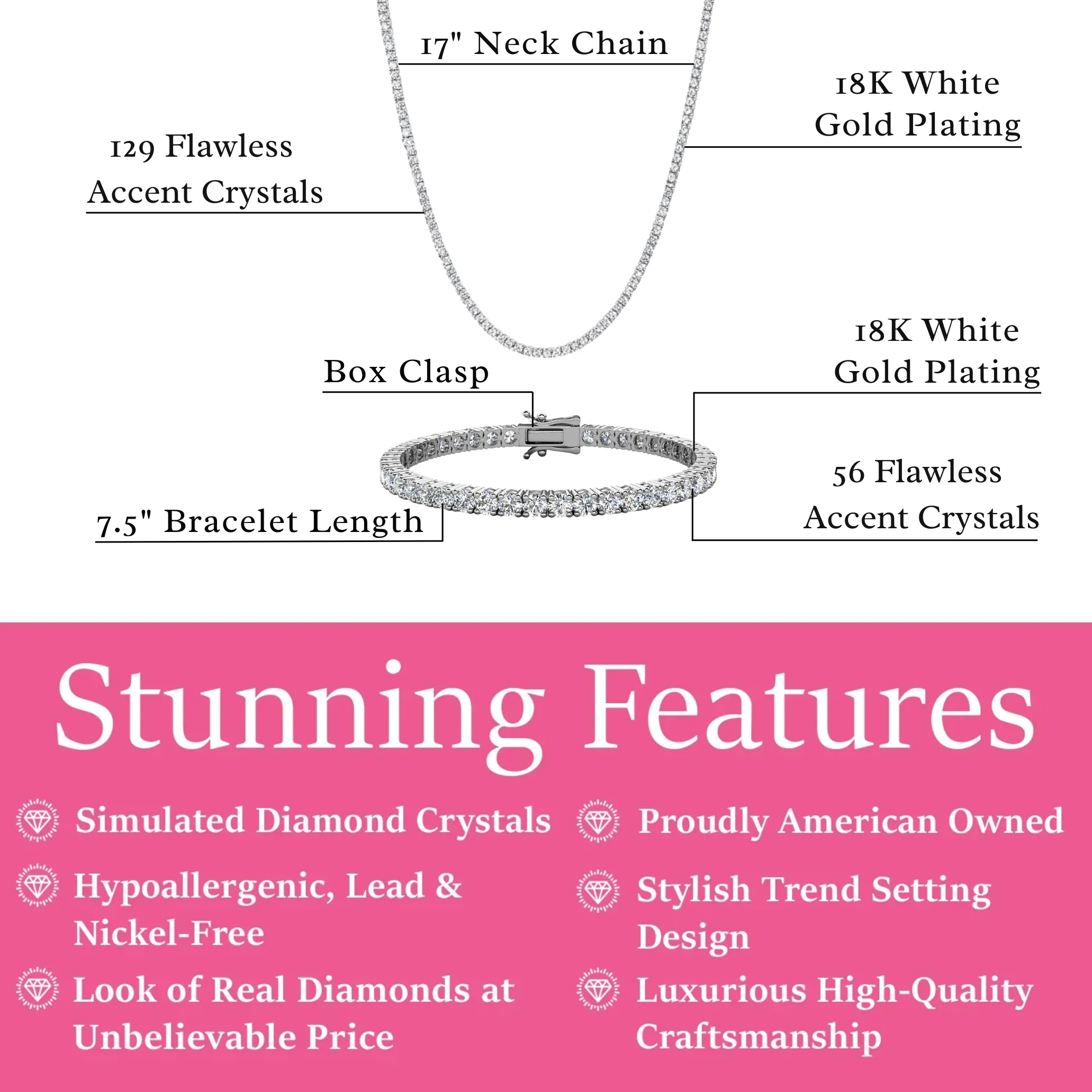 Kaylee 18k White Gold Plated Tennis Bracelet and Necklace Set with Simulated Diamond Crystals - Image 3
