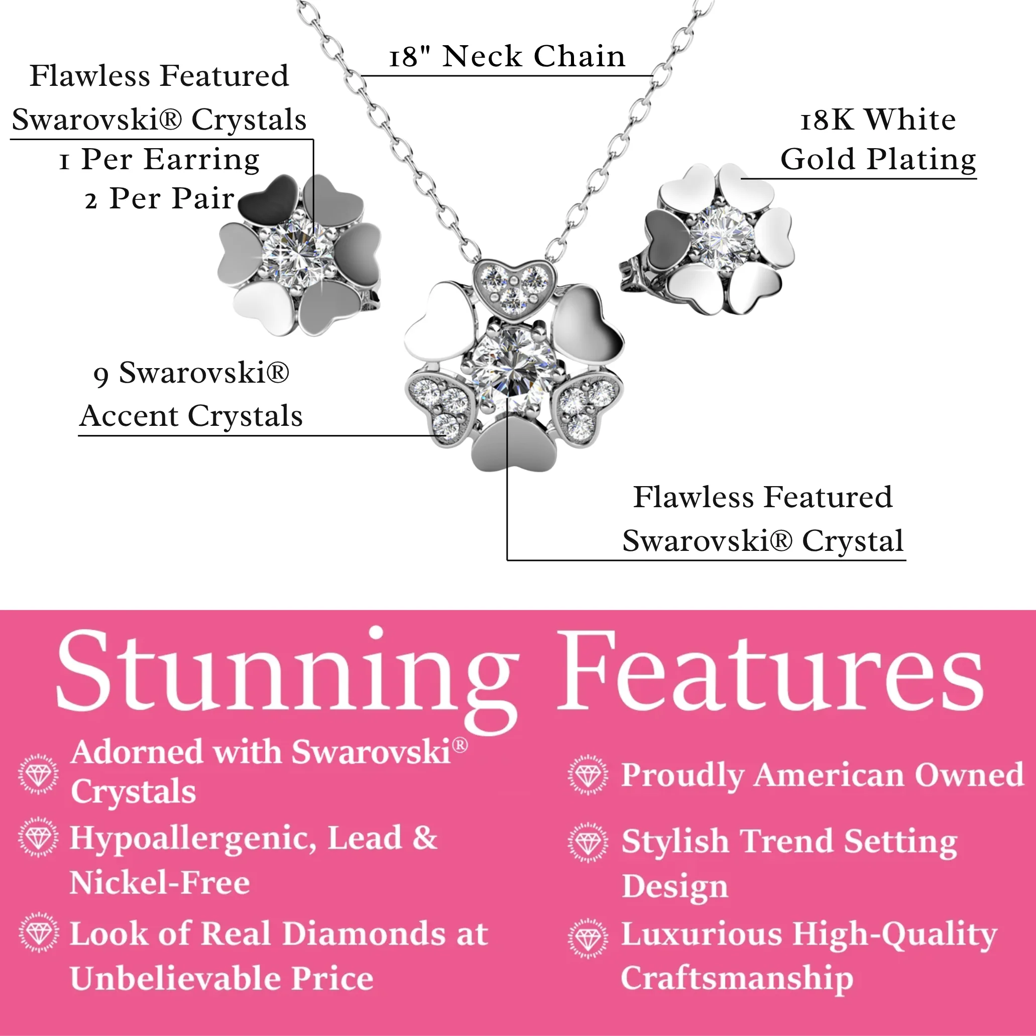 Khloe 18k White Gold Heart Necklace and Stud Earrings Jewelry Set with Crystals - Image 3