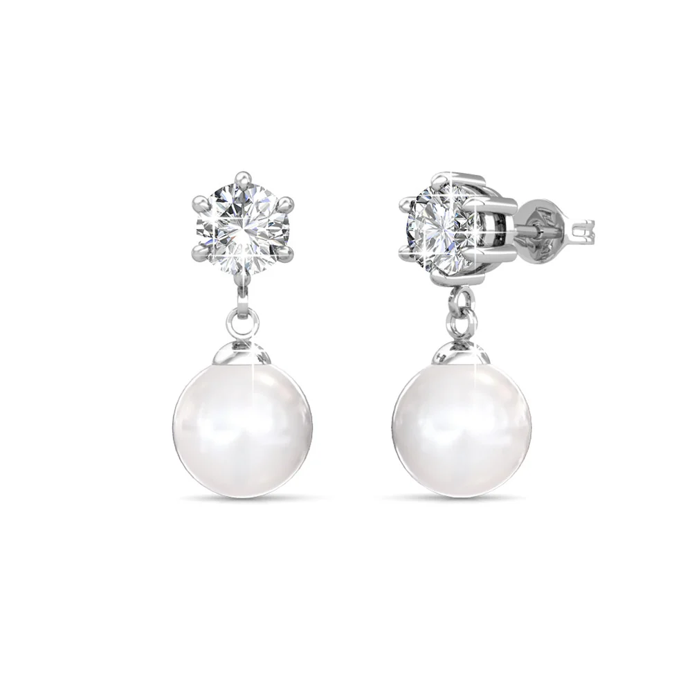 Kyra 18k White Gold Plated Pearl Drop Earrings with Swarovski Crystals