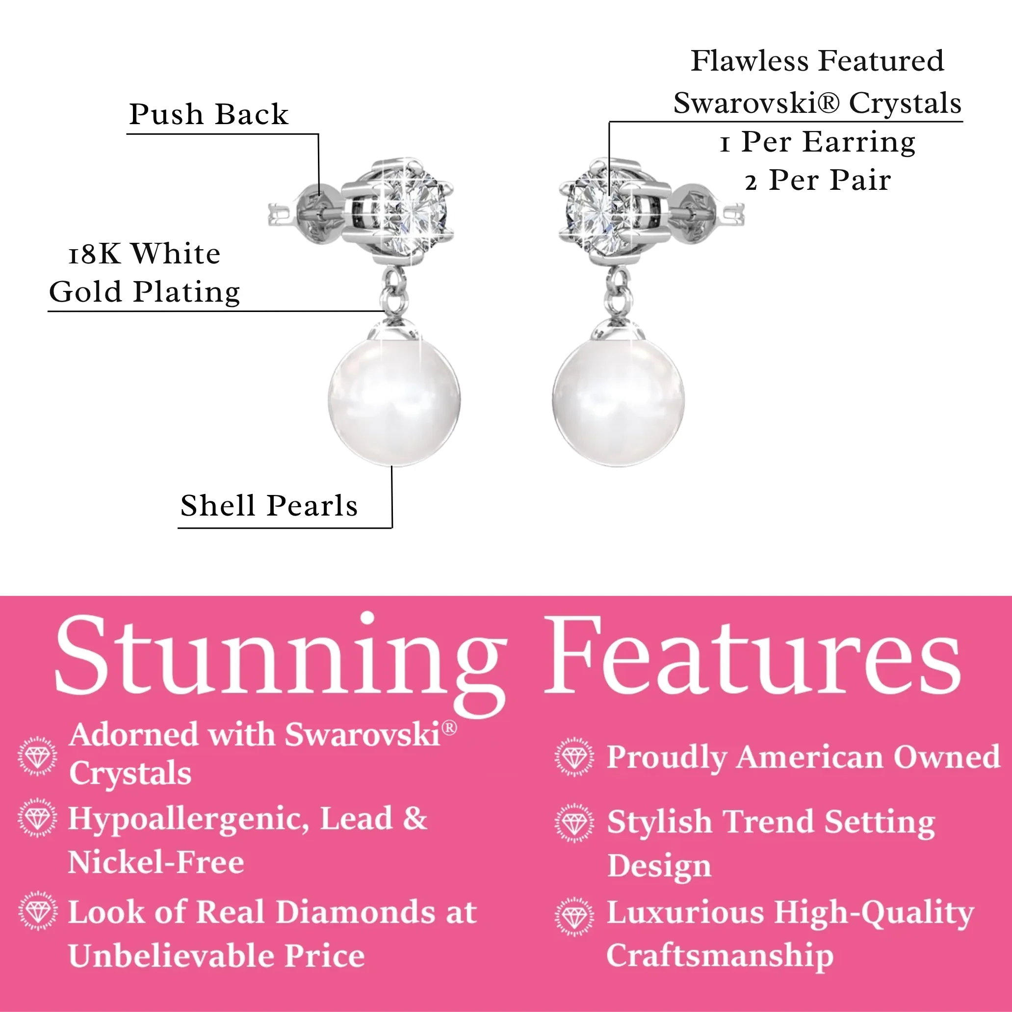 Kyra 18k White Gold Plated Pearl Drop Earrings with Swarovski Crystals - Image 3