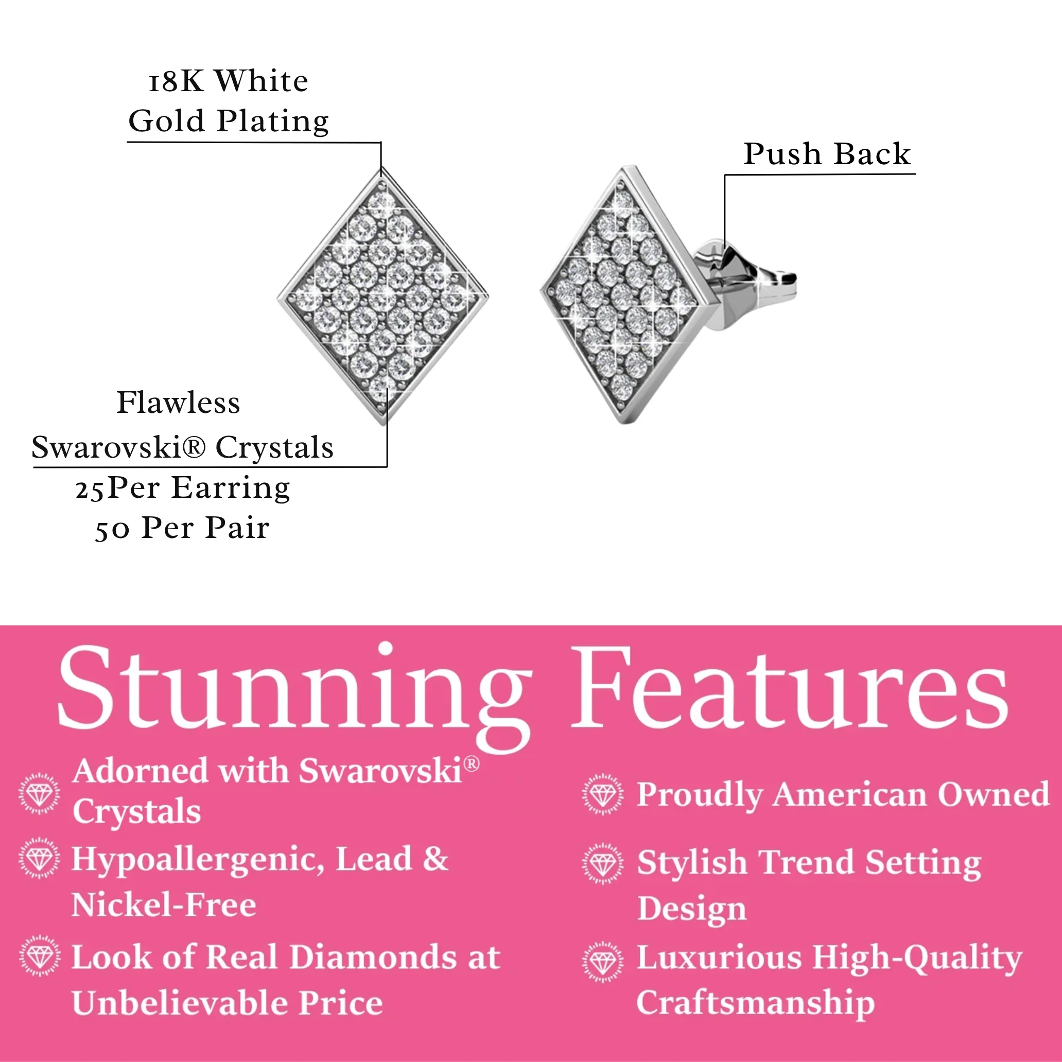 Lennon 18k White Gold Plated Diamond Shaped Stud Earrings with Swarovski Crystals - Image 3