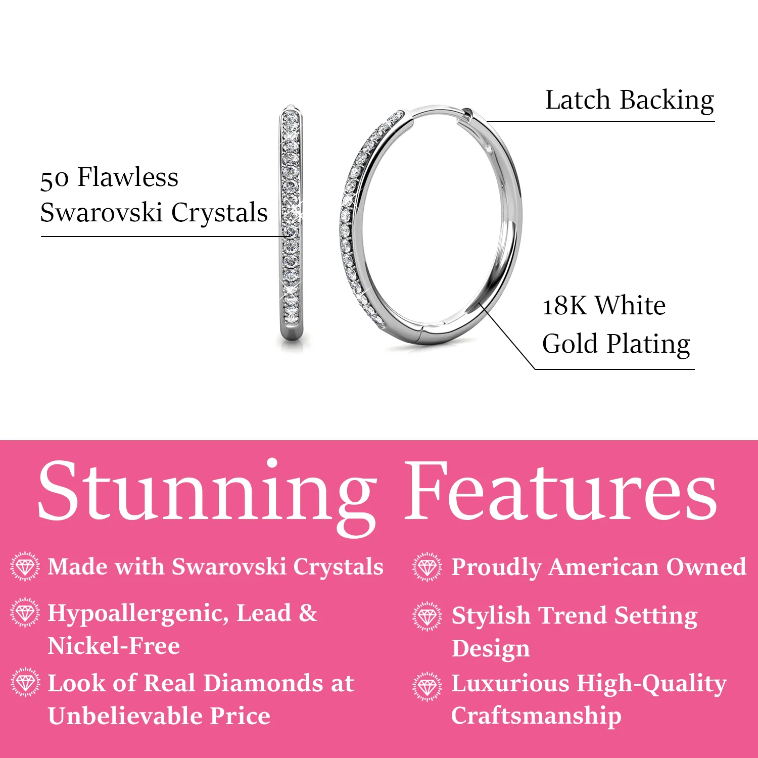 Leslie 18k White Gold Plated 14mm-40mm Hoop Earrings with Swarovski Crystals - Image 3