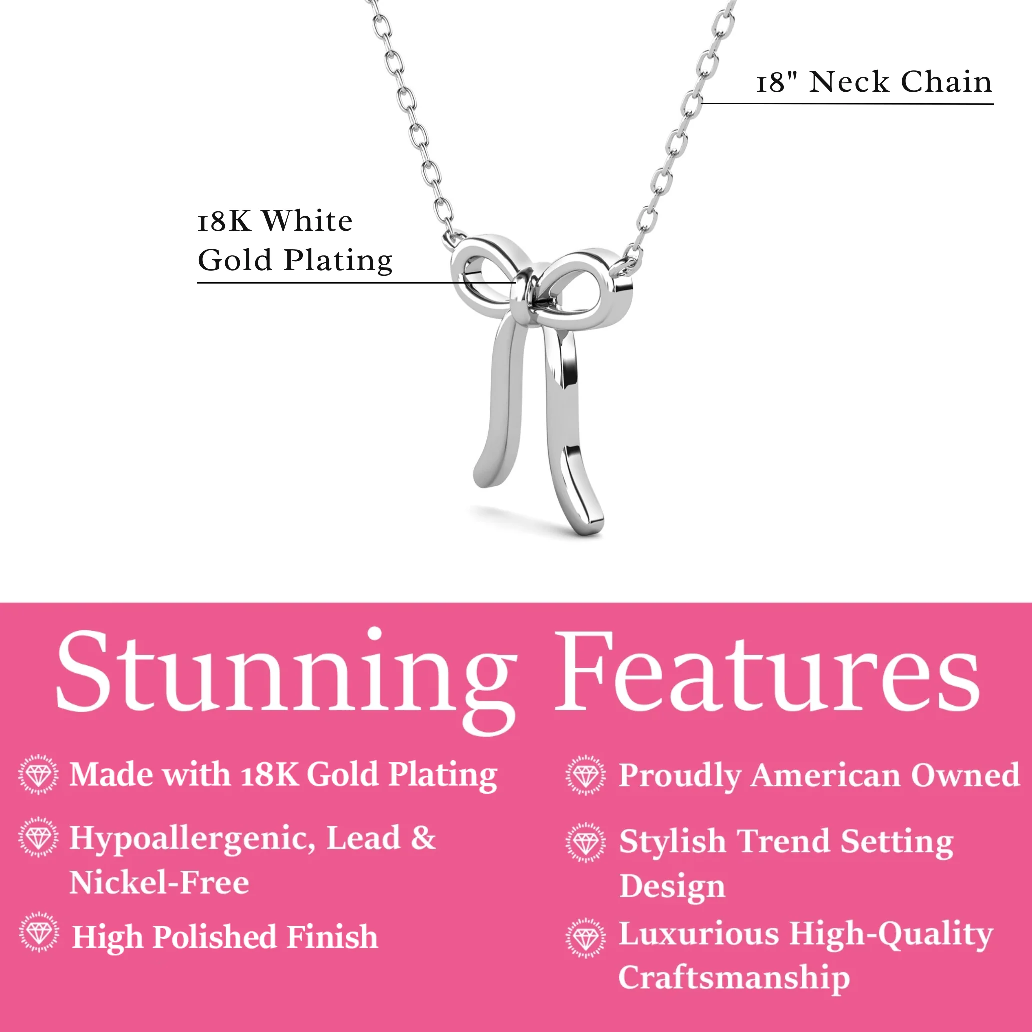 Lola 18k White Gold Plated Ribbon/Bow Pendant Necklace - Image 3
