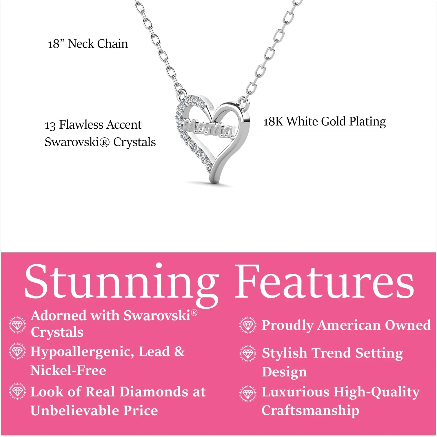 Louise 18k White Gold Plated Mama Heart Necklace with Simulated Diamond Crystals - Image 3