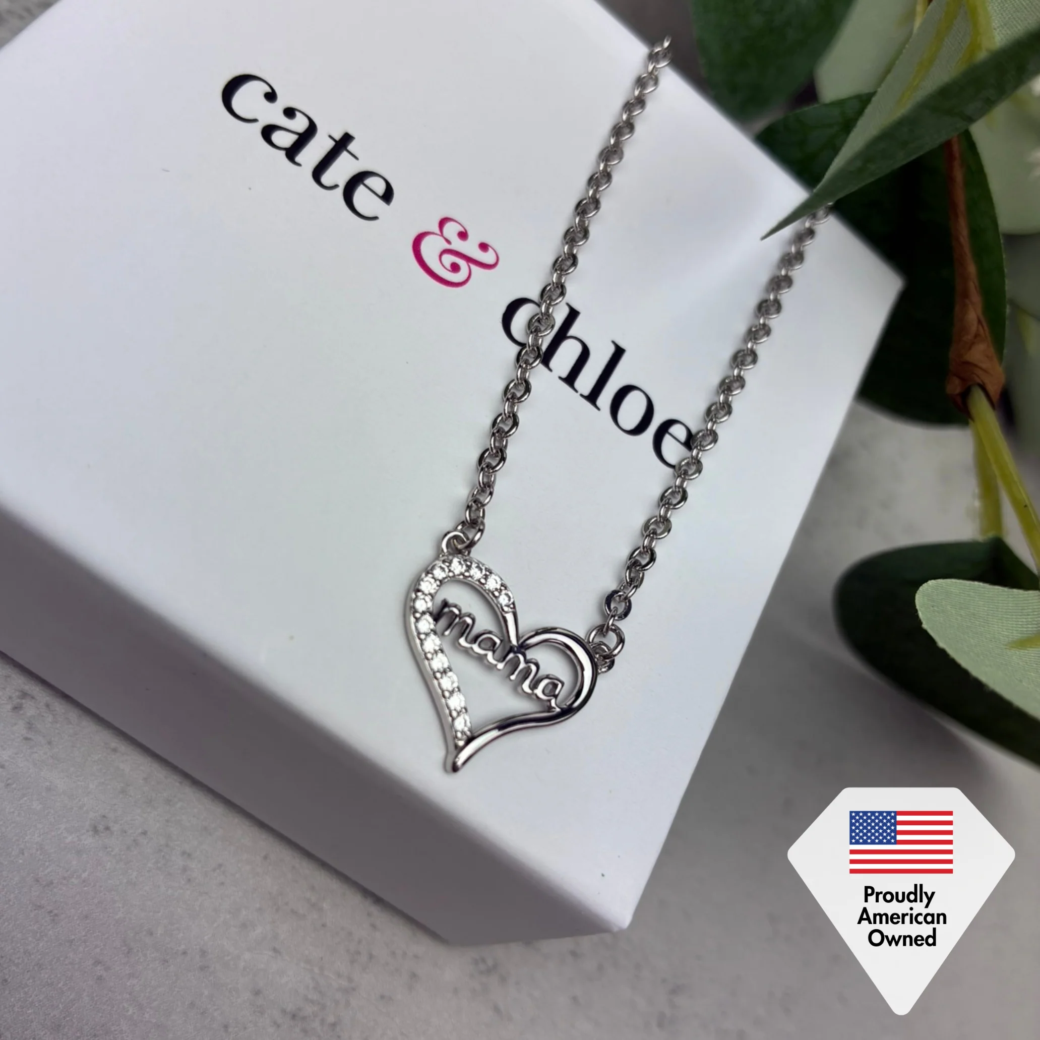 Louise 18k White Gold Plated Mama Heart Necklace with Simulated Diamond Crystals - Image 7