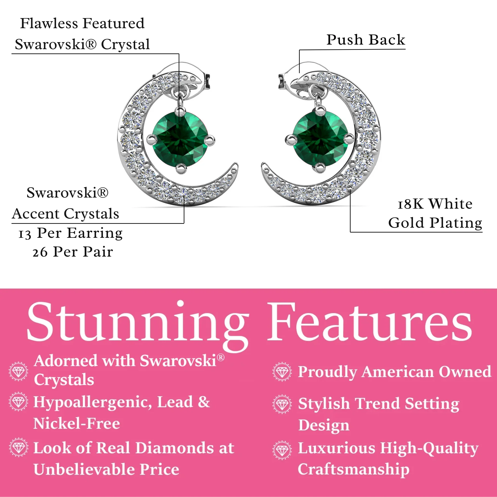 Luna Birthstone 18k White Gold Plated Crescent Stud Earrings with Round Cut Swarovski Crystals - Image 22