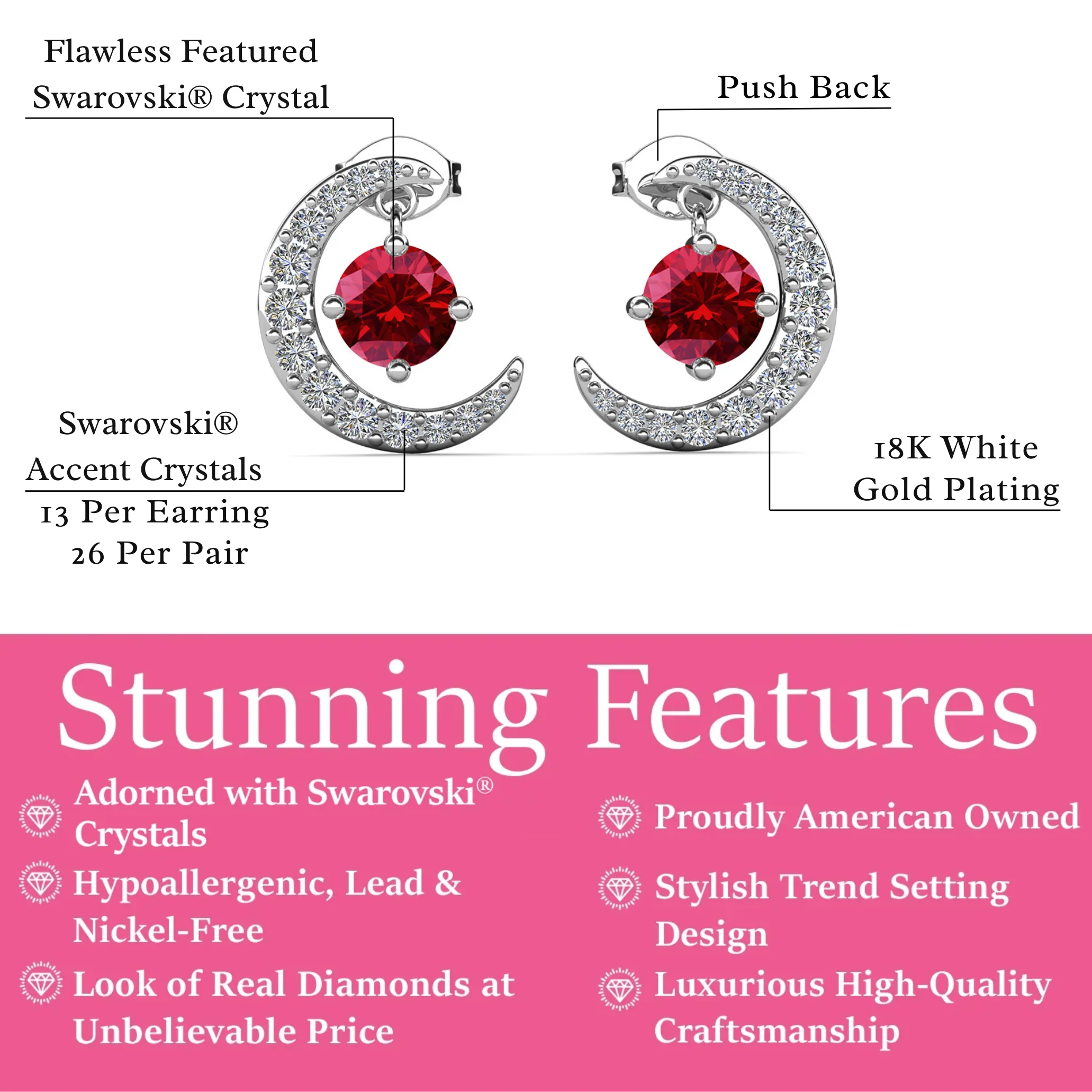 Luna Birthstone 18k White Gold Plated Crescent Stud Earrings with Round Cut Swarovski Crystals - Image 3