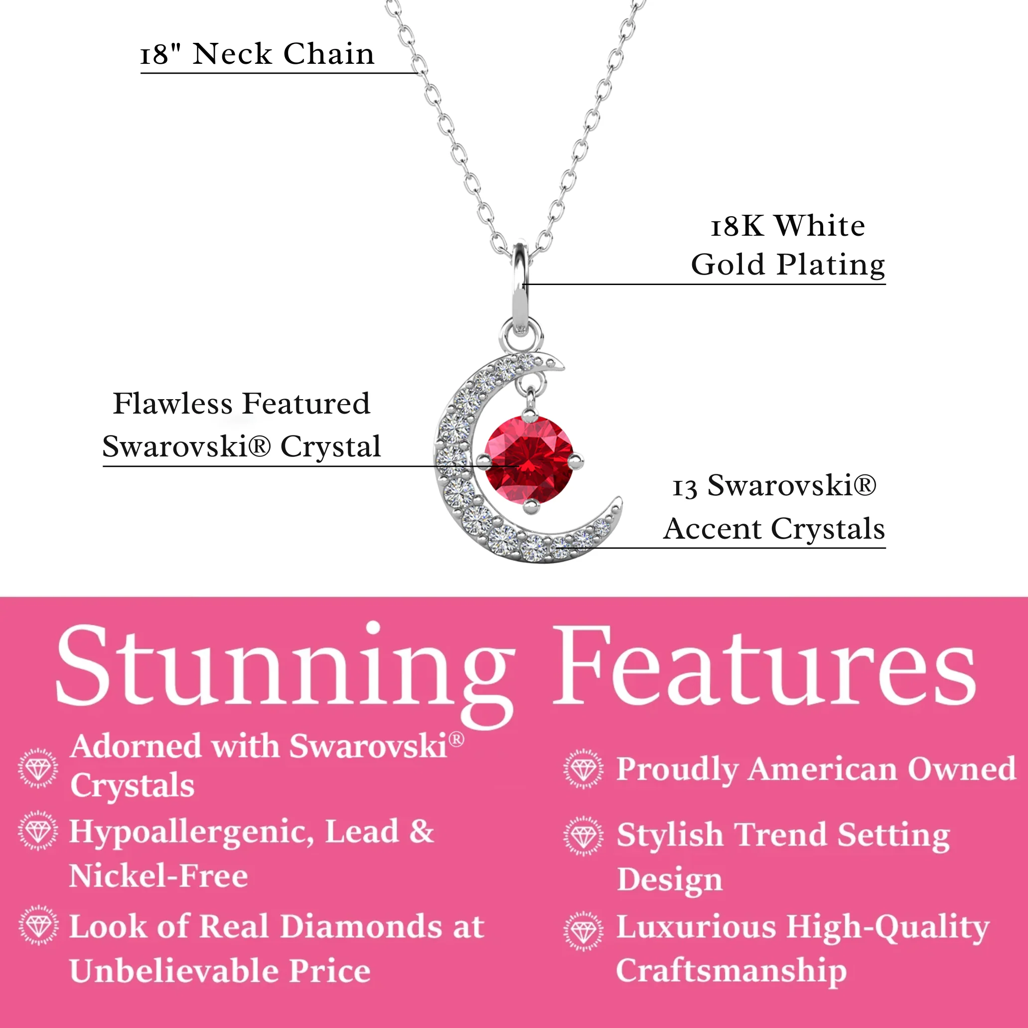 Luna Birthstone Necklace 18k White Gold Plated Crescent Pendant Necklace with Round Cut Swarovski Crystals - Image 24