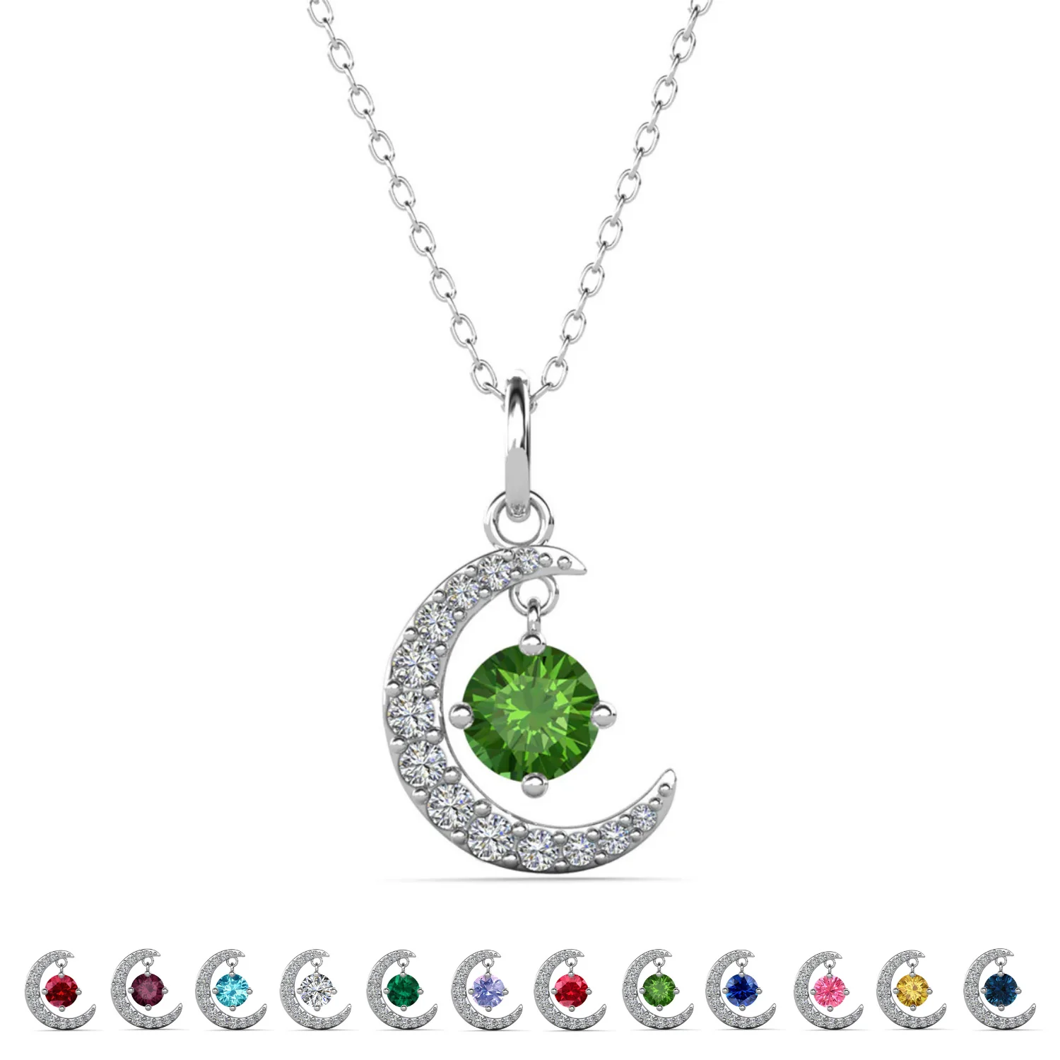 Luna Birthstone Necklace 18k White Gold Plated Crescent Pendant Necklace with Round Cut Swarovski Crystals - Image 26
