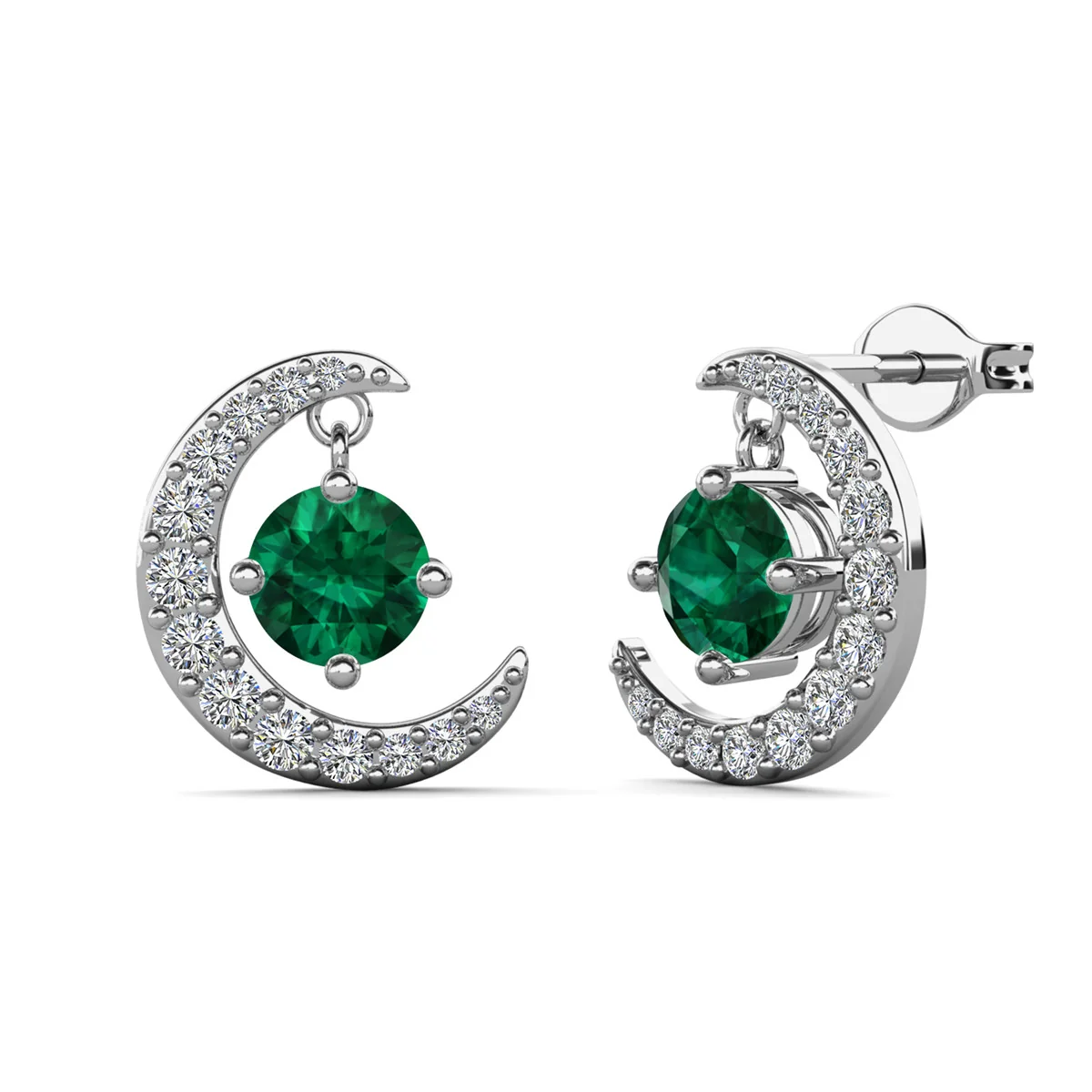 Luna May Birthstone Emerald Earrings 18k White Gold Plated Crescent Stud Earrings with Round Cut Swarovski Crystals - Image 6