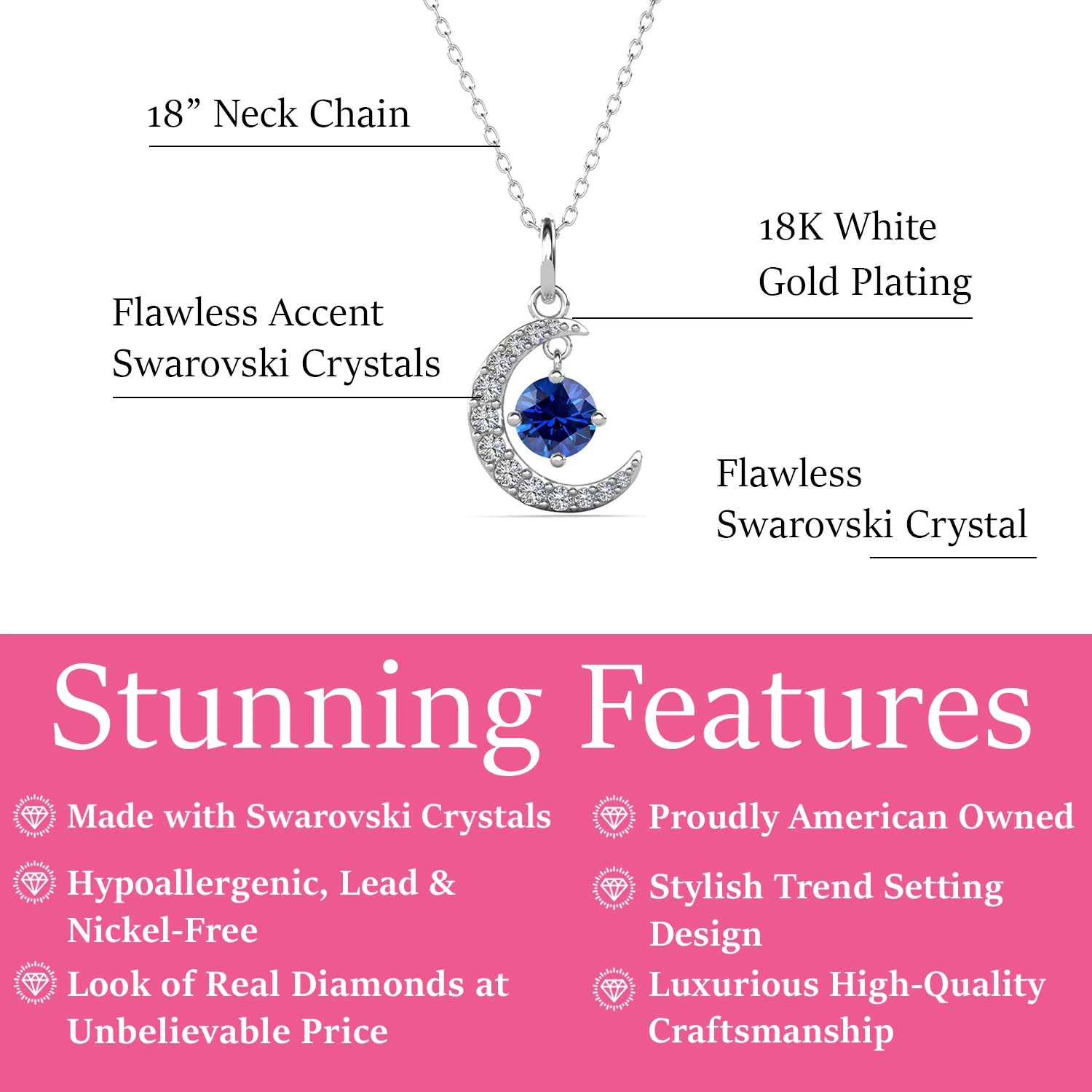 Luna September Birthstone Sapphire Necklace 18k White Gold Plated Crescent Pendant Necklace with Round Cut Swarovski Crystals - Image 3