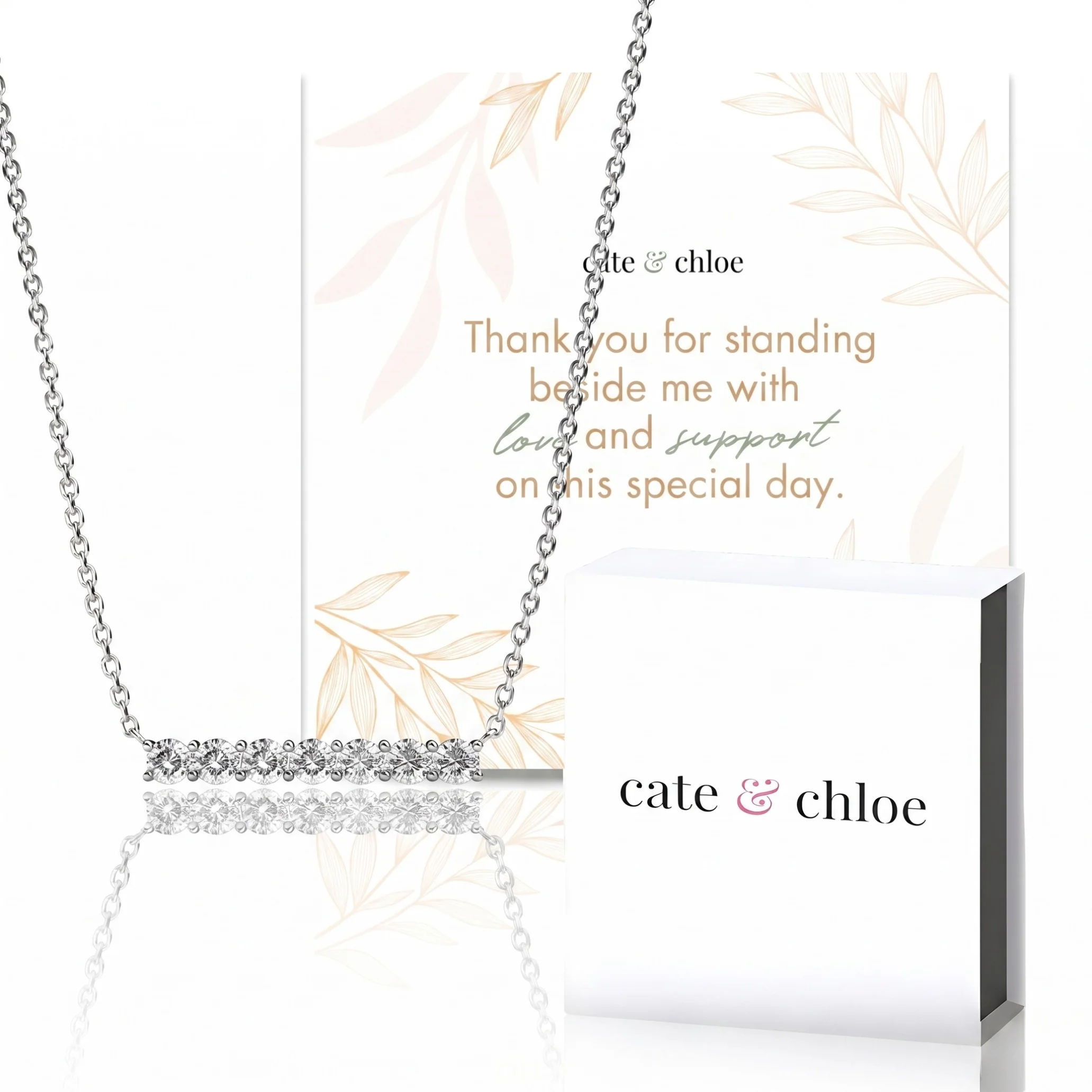 Lynn 18k White Gold Plated Crystal Bar Necklace & To Bridesmaid Leaf Card