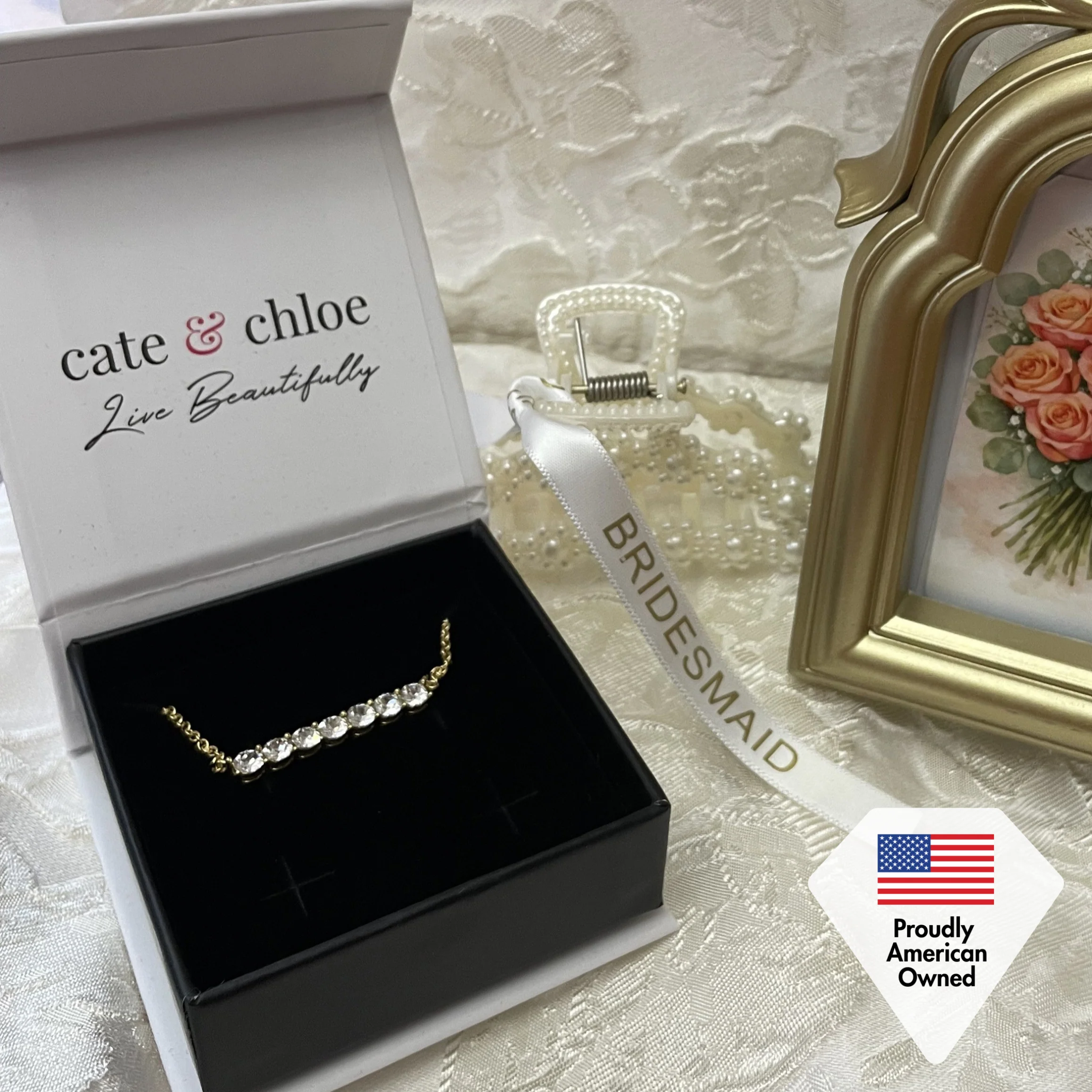 Lynn 18k White Gold Plated Crystal Bar Necklace & To Bridesmaid Leaf Card - Image 8
