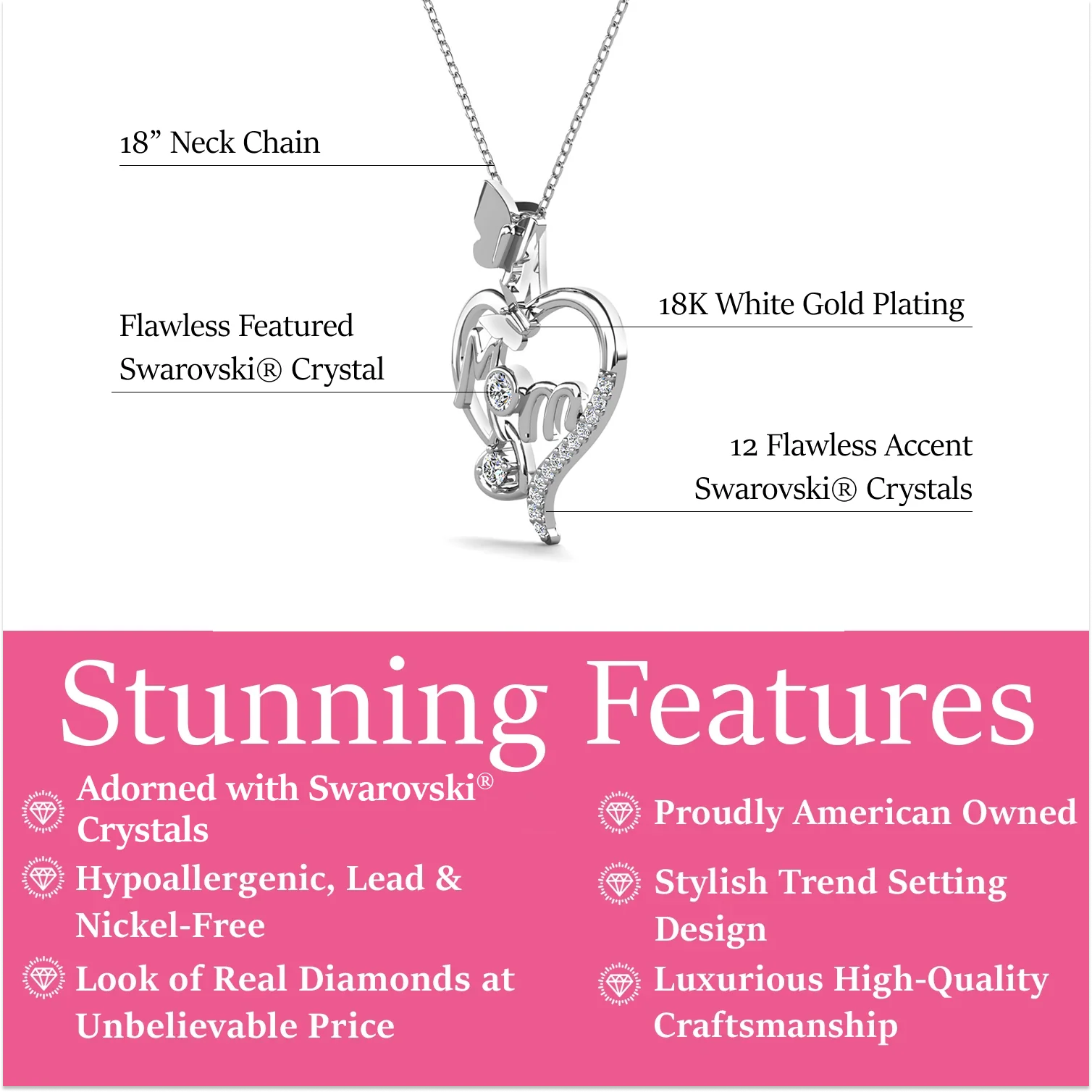 Mabel 18k White Gold Plated Mom Heart Pendant Necklace with Simulated Diamond Crystals - Image 3