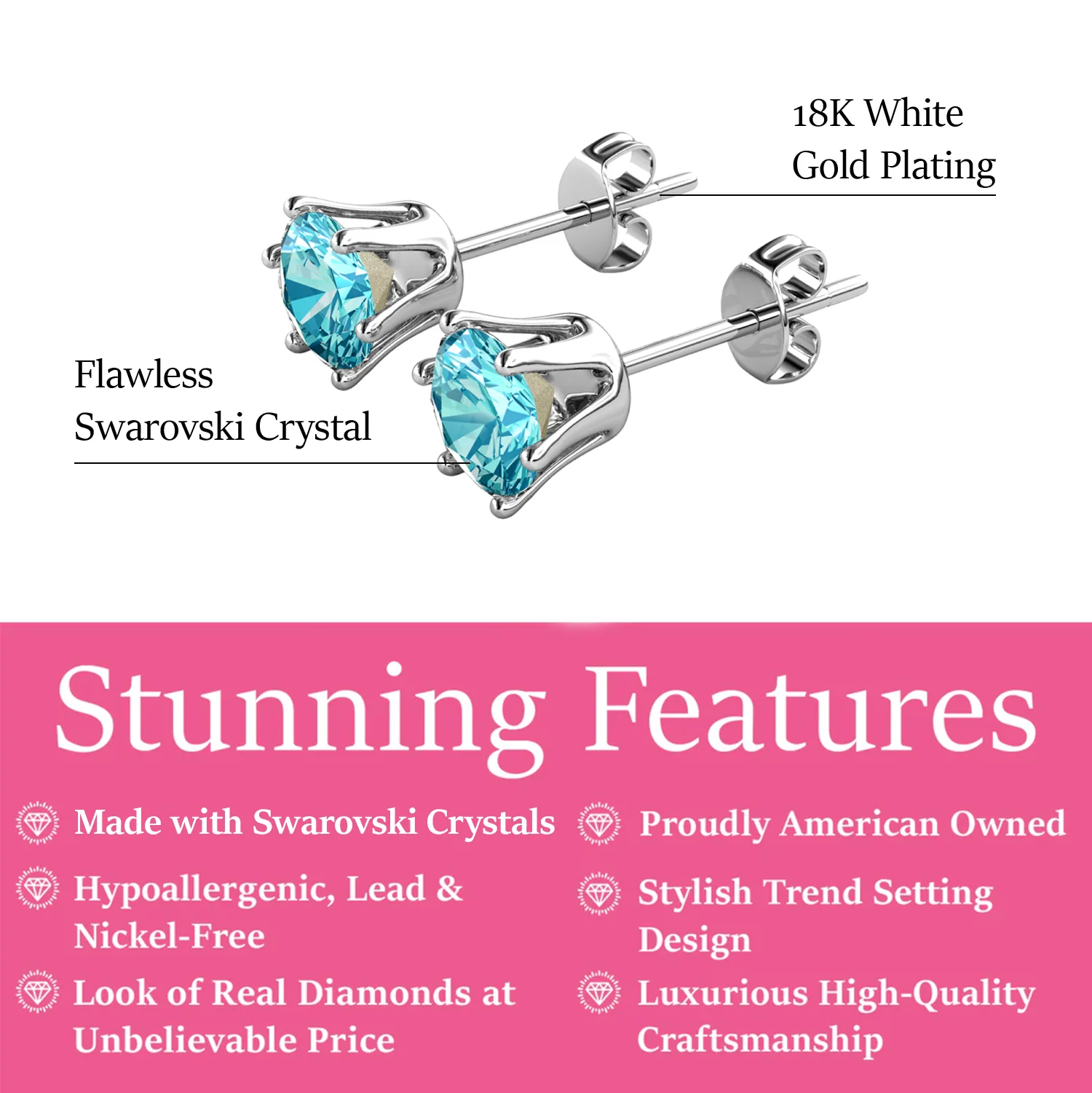 March Birthstone Aquamarine Earrings 18k White Gold Plated Stud Earrings with 1CT Swarovski Crystal - Image 2