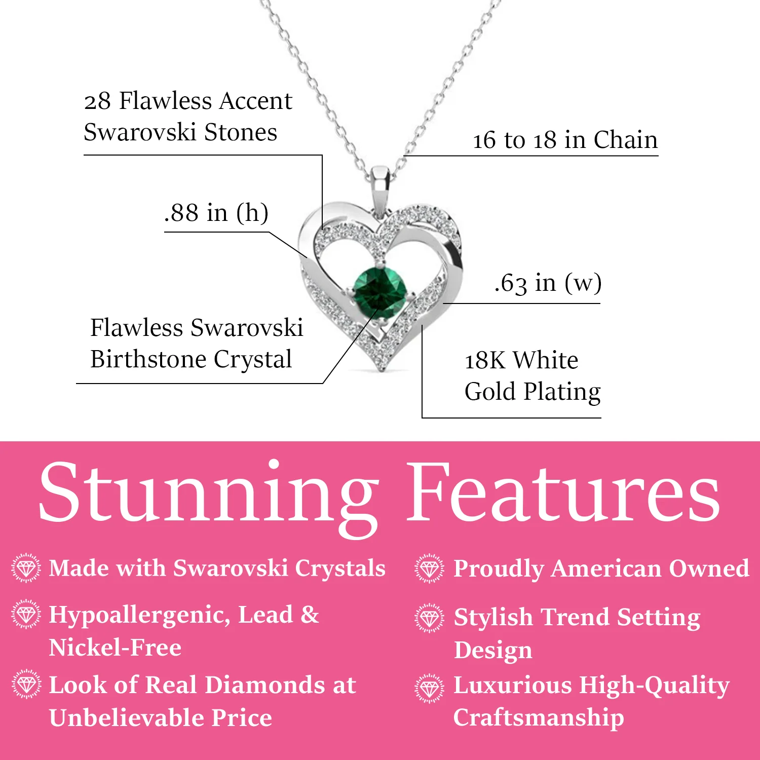 Forever May Birthstone 18k White Gold Plated Silver Double Heart Diamond Necklace with Swarovski Crystals - Image 2
