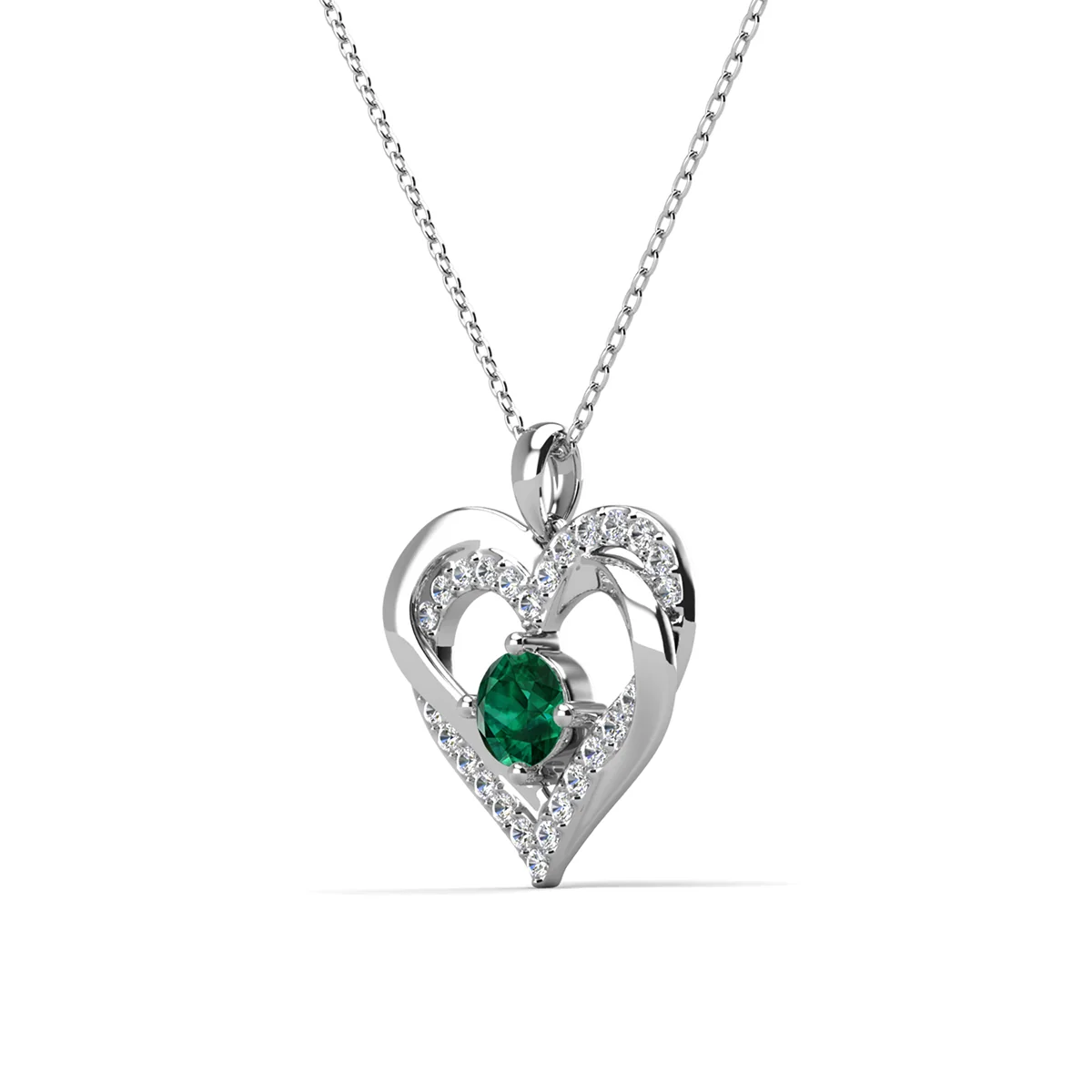Forever May Birthstone 18k White Gold Plated Silver Double Heart Diamond Necklace with Swarovski Crystals - Image 4