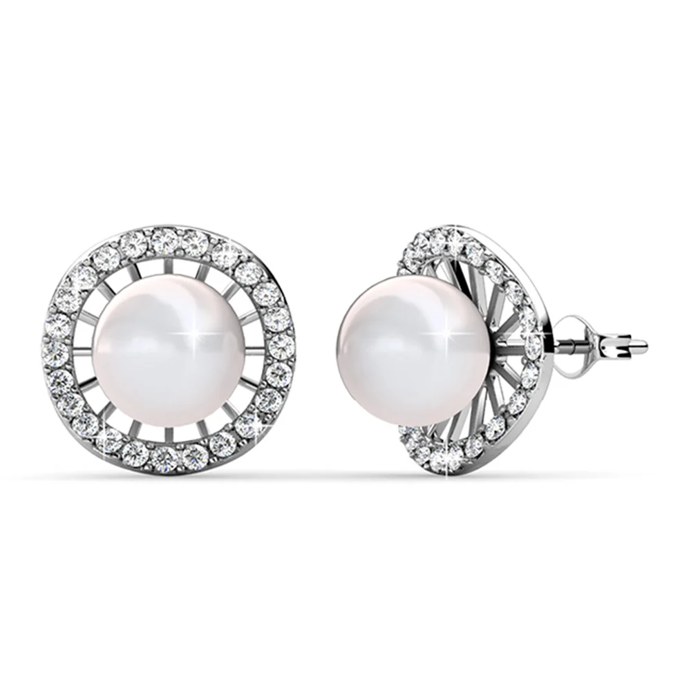Nina 18k White Gold Plated Pearl Halo Stud Earrings with Swarovski Crystals