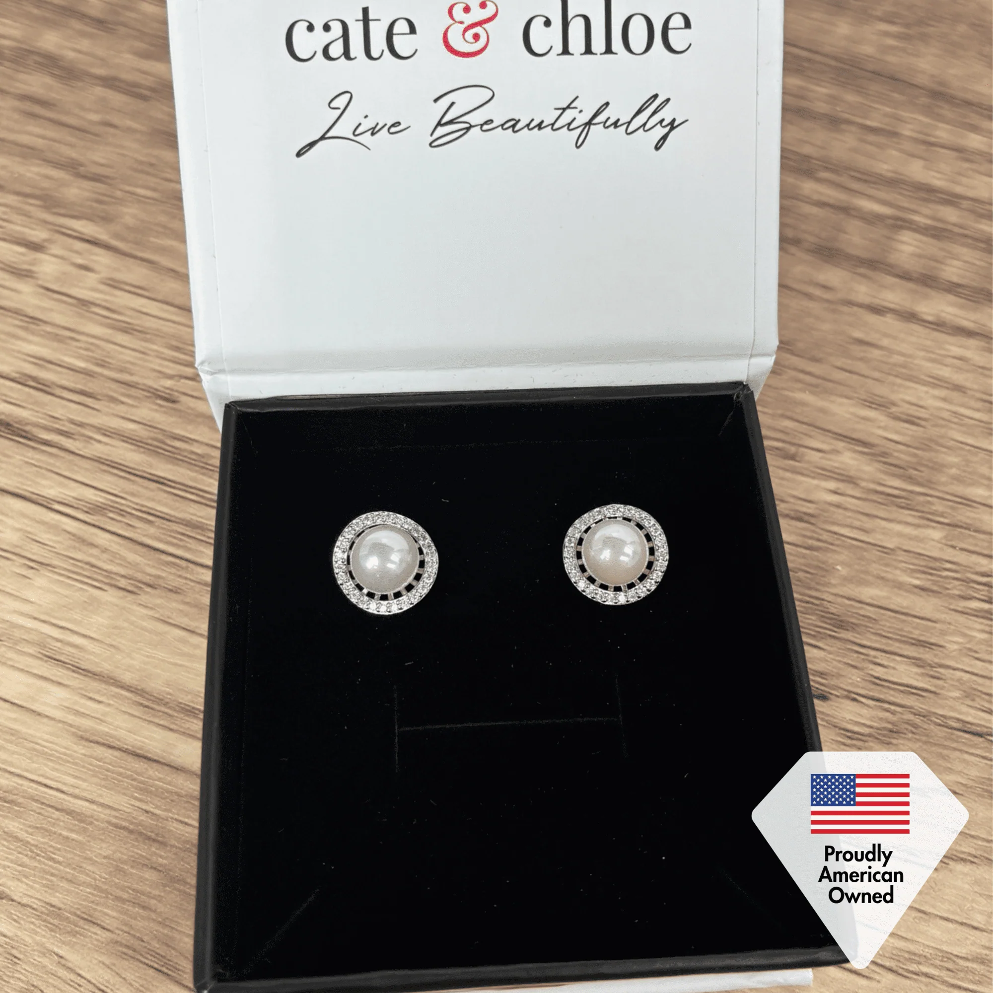 Nina 18k White Gold Plated Pearl Halo Stud Earrings with Swarovski Crystals - Image 7