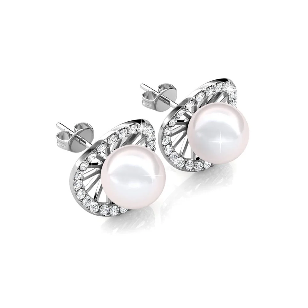 Nina 18k White Gold Plated Pearl Halo Stud Earrings with Swarovski Crystals - Image 8