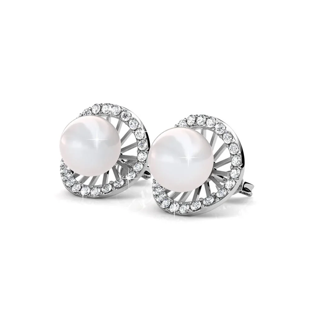 Nina 18k White Gold Plated Pearl Halo Stud Earrings with Swarovski Crystals - Image 9