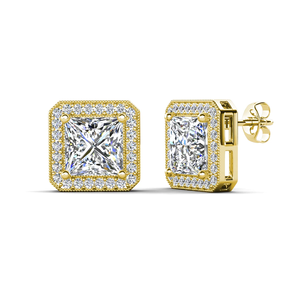 Norah 18k White Gold Plated Princess Cut Halo Stud Earrings with Simulated Diamond Crystals - Image 10