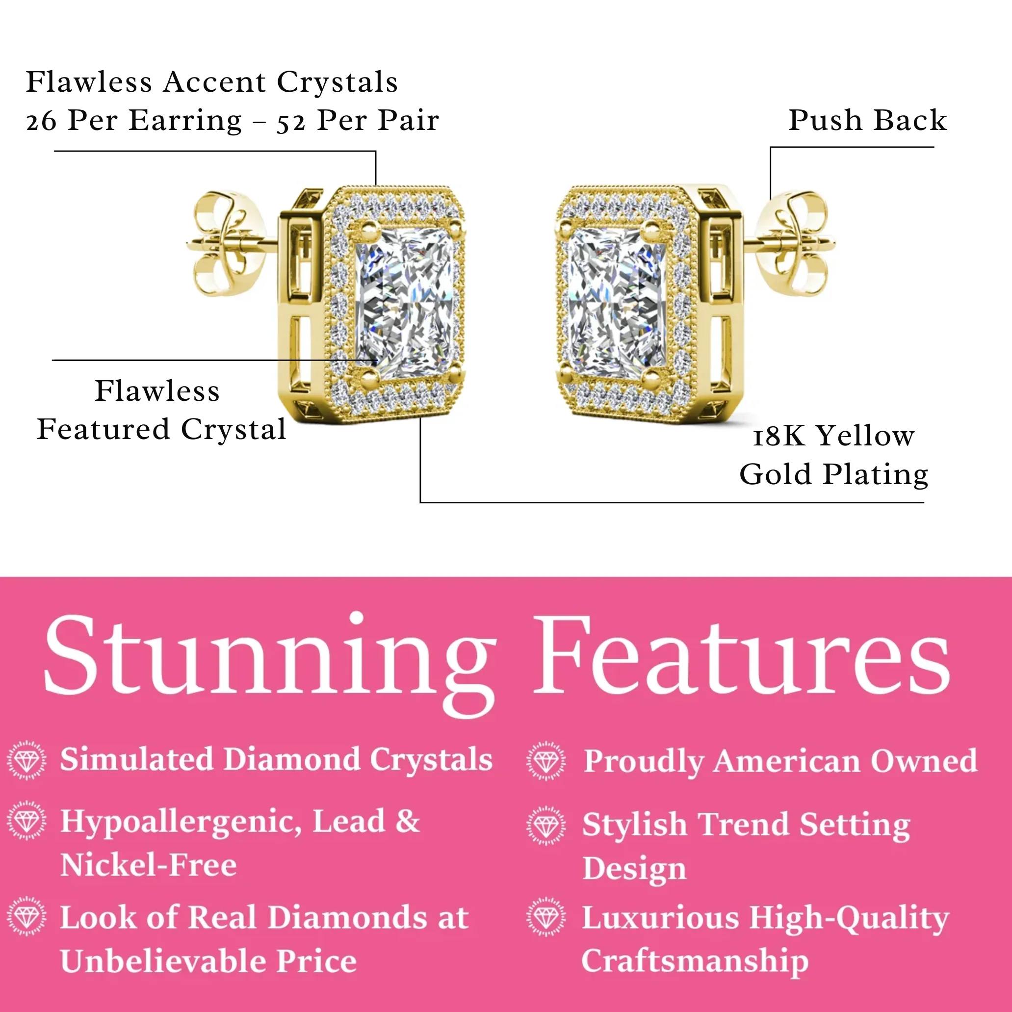Norah 18k White Gold Plated Princess Cut Halo Stud Earrings with Simulated Diamond Crystals - Image 11