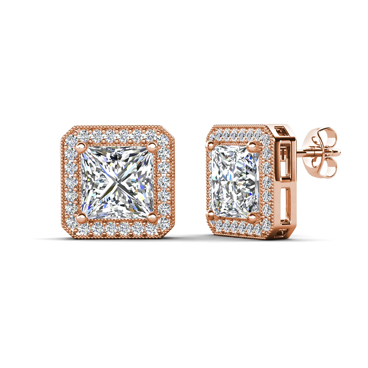 Norah 18k White Gold Plated Princess Cut Halo Stud Earrings with Simulated Diamond Crystals - Image 14