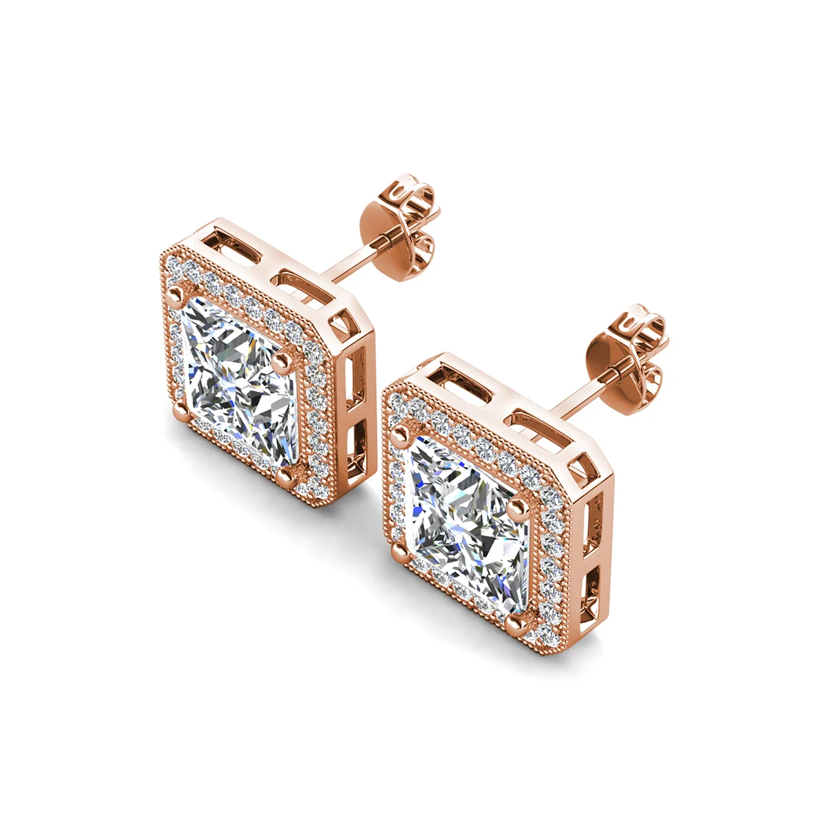 Norah 18k White Gold Plated Princess Cut Halo Stud Earrings with Simulated Diamond Crystals - Image 16