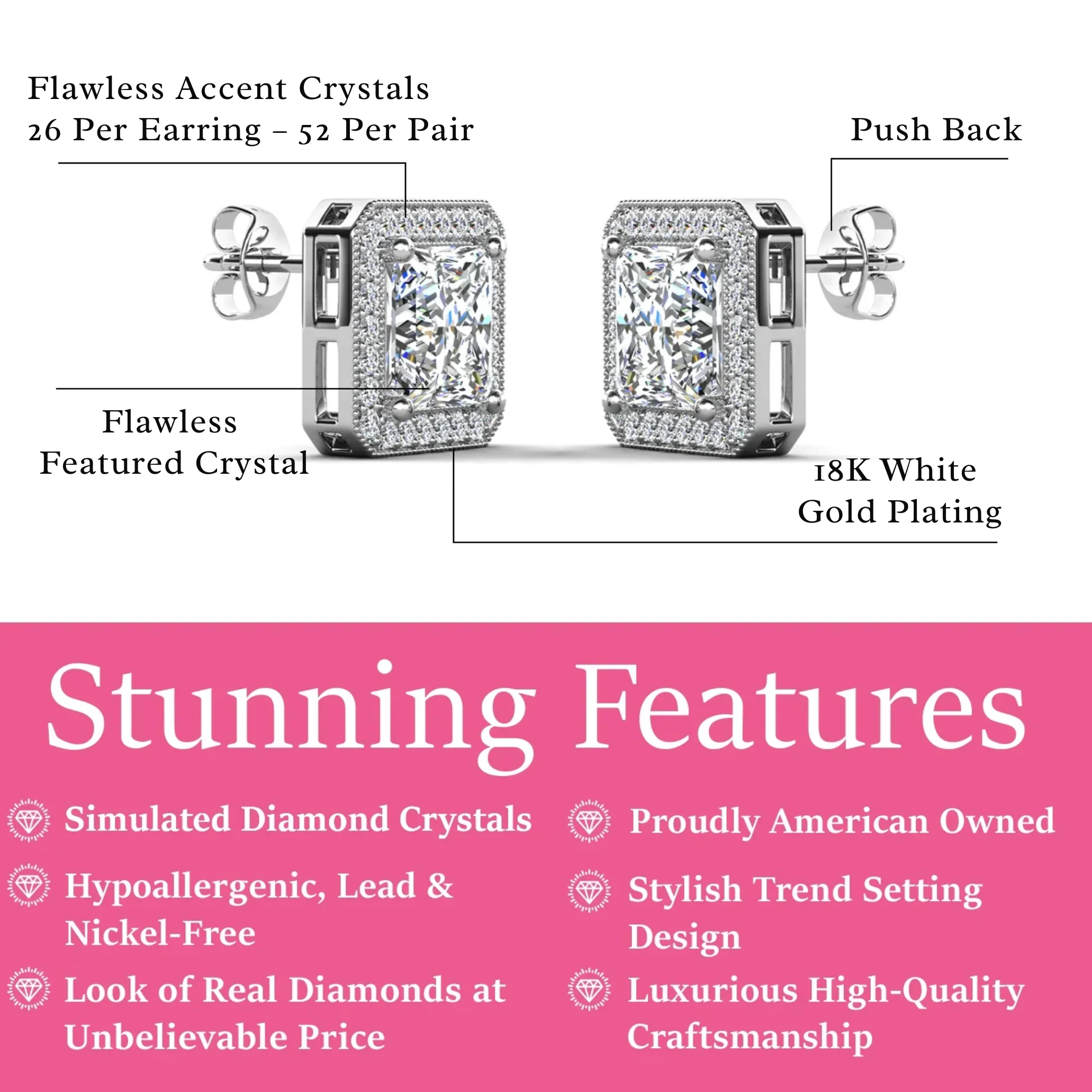 Norah 18k White Gold Plated Princess Cut Halo Stud Earrings with Simulated Diamond Crystals - Image 3