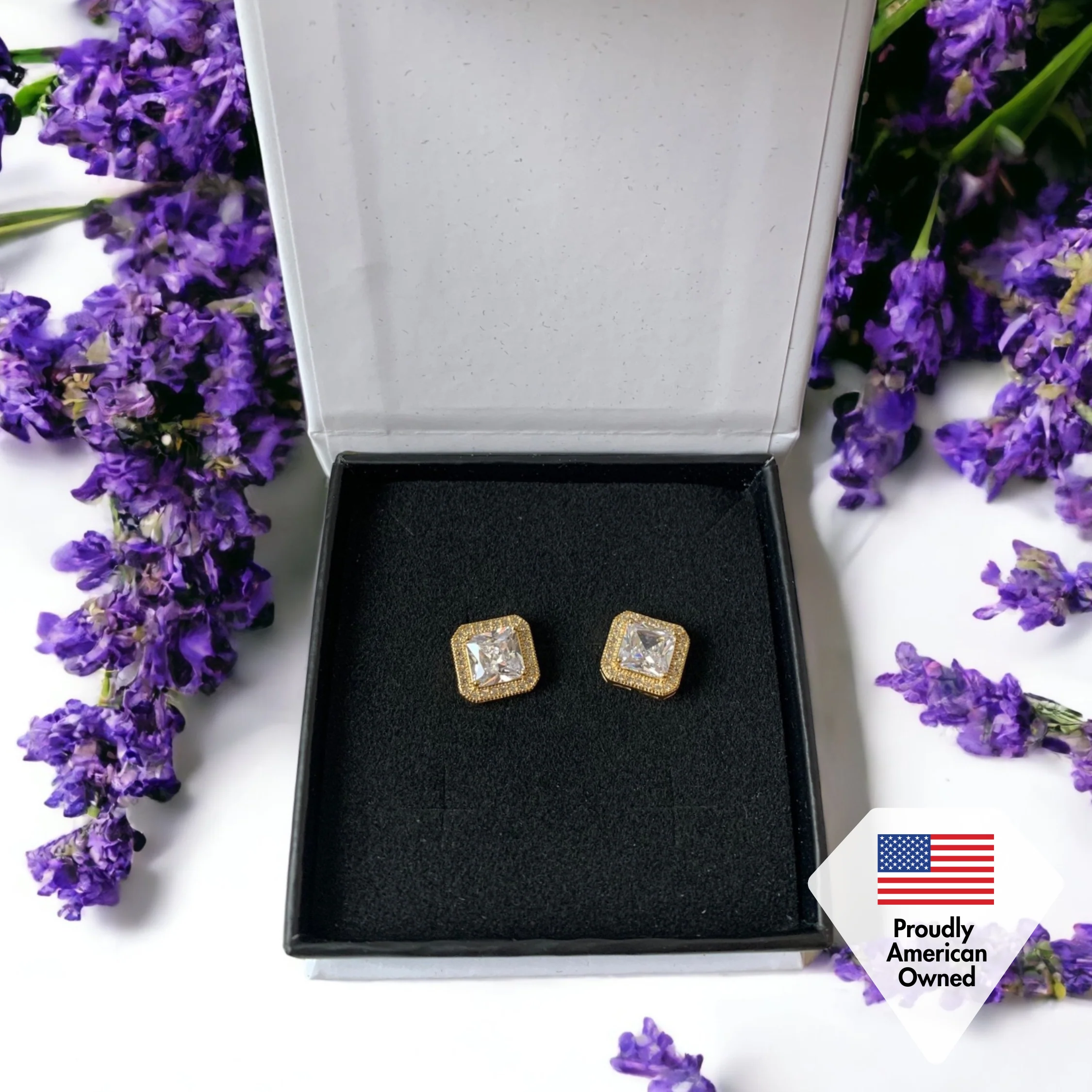 Norah 18k White Gold Plated Princess Cut Halo Stud Earrings with Simulated Diamond Crystals - Image 7