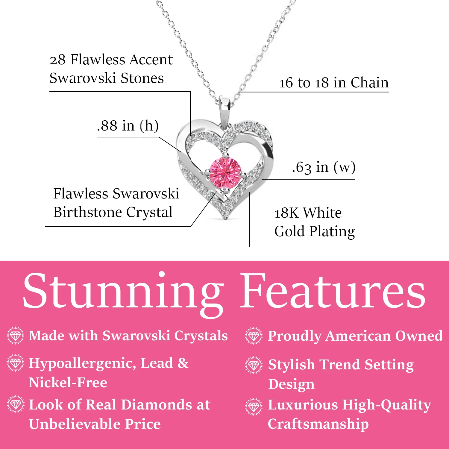 Forever October Birthstone 18k White Gold Plated Silver Double Heart Diamond Necklace with Swarovski Crystals - Image 2