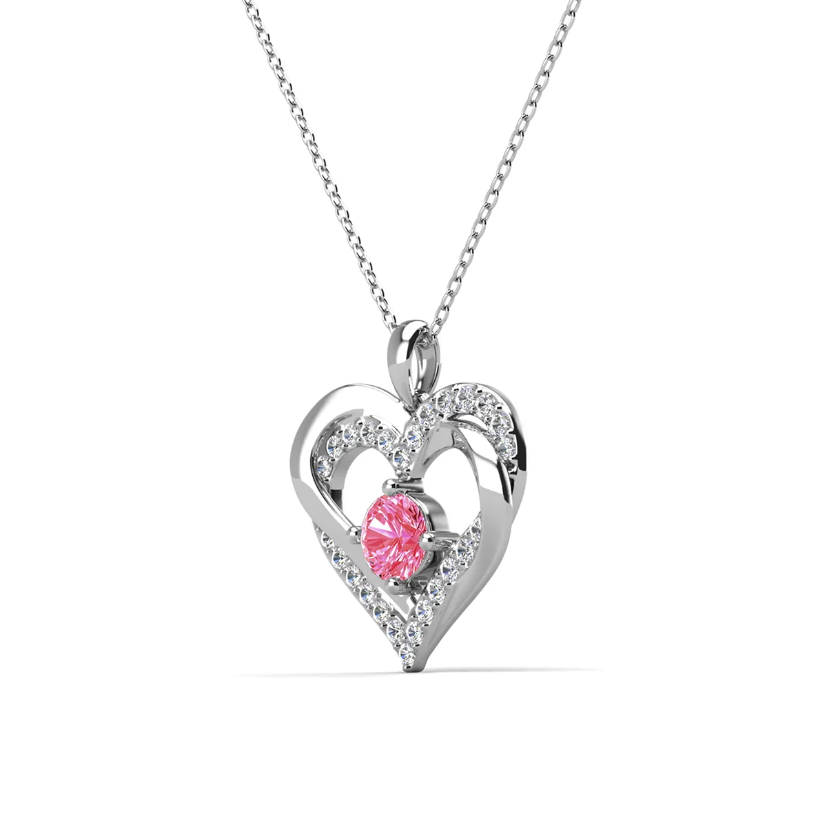 Forever October Birthstone 18k White Gold Plated Silver Double Heart Diamond Necklace with Swarovski Crystals - Image 4