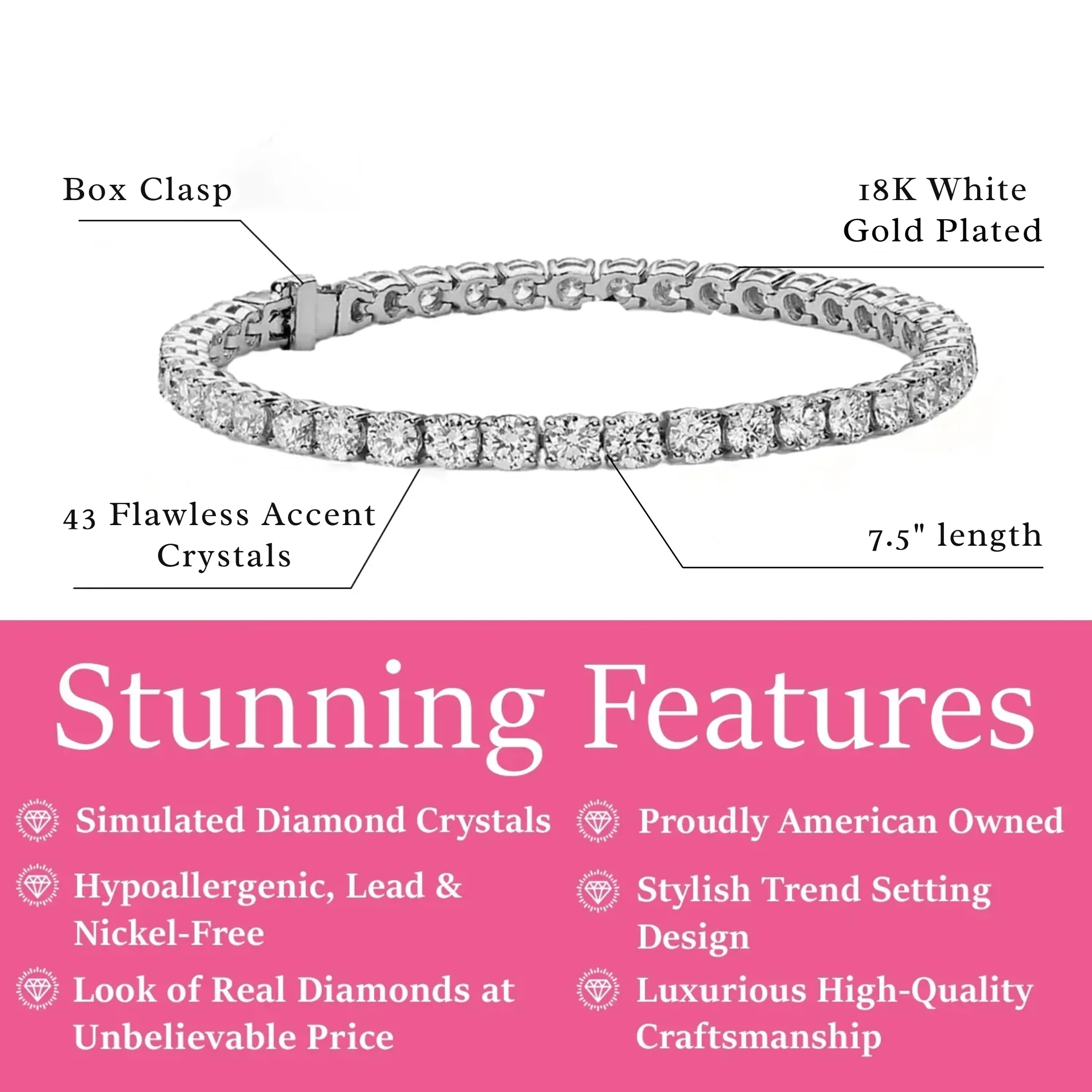 Olivia 18k White Gold Plated Tennis Bracelet with Simulated Diamond Crystals - Image 3
