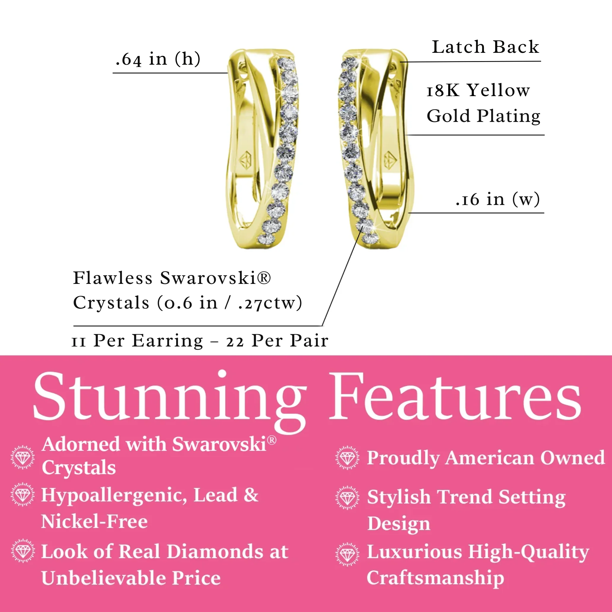 Amaya 18k Gold Plated 16mm Hoop Earrings with Swarovski Crystals (3 Pair Set) - Image 10