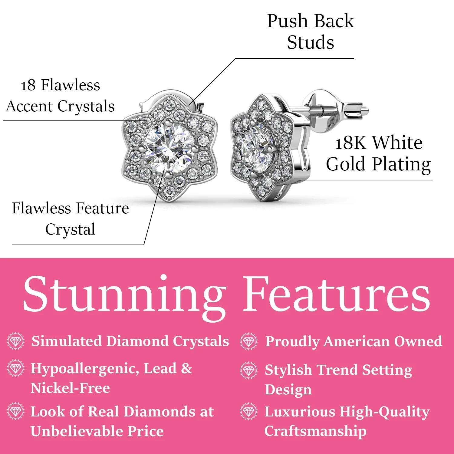 Poppy 18k White Gold Plated Stud Earrings with Simulated Diamond Crystals - Image 3