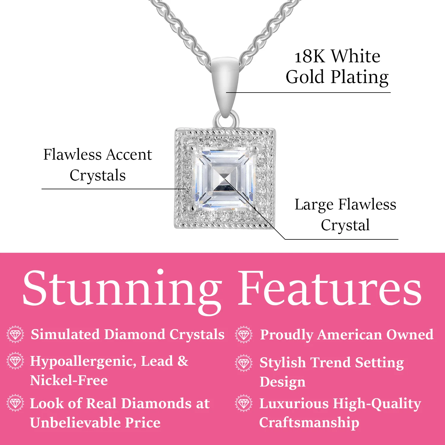 Rebecca 18k White Gold Plated Silver Necklace with Princess Cut Simulated Diamond Crystals  — Final Sale - Image 3
