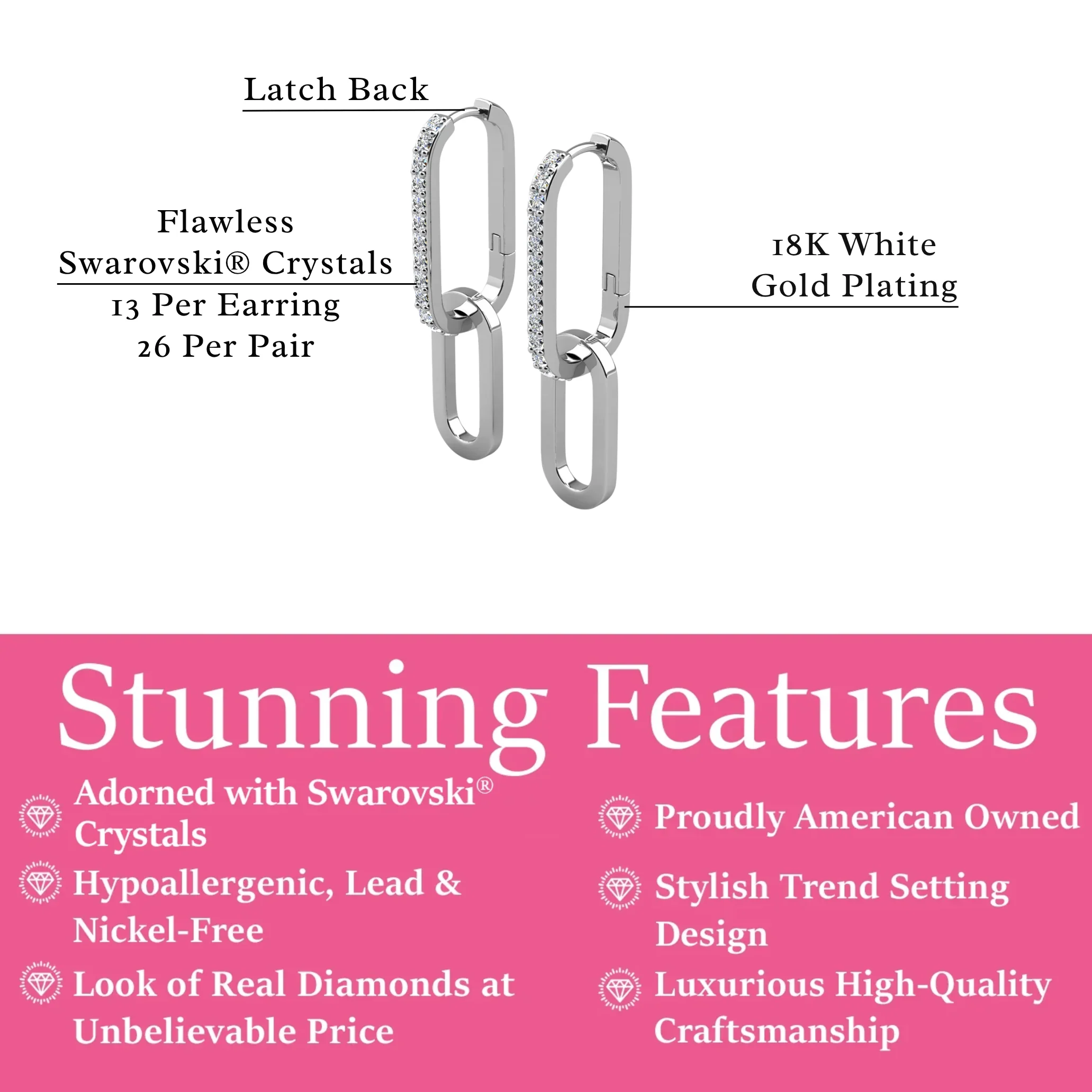 Remington 18k White Gold Plated Dangle Chain Link Earrings with Swarovski Crystals - Image 3