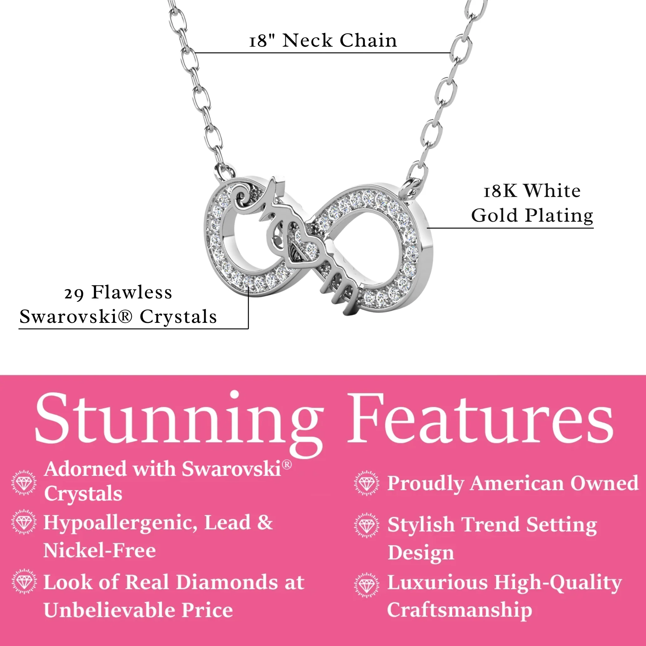 Robin 18k White Gold Plated Mom Infinity Necklace with Swarovski Crystals - Image 3
