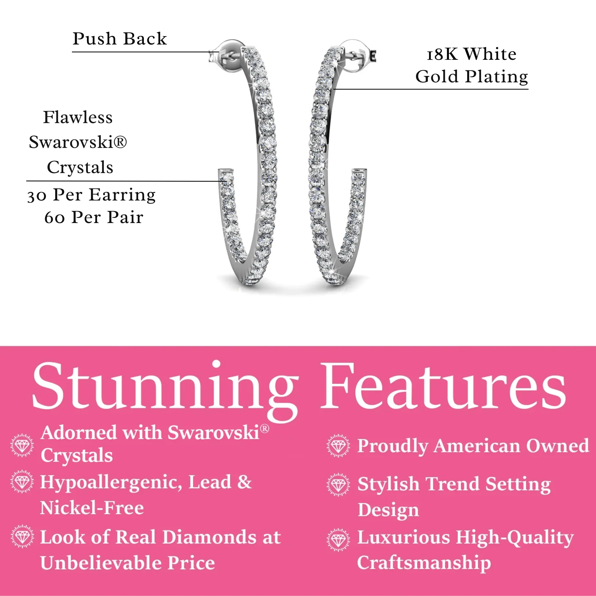 Rosalyn 18k White Gold Plated 20mm Hoop Earrings with Swarovski Crystals - Image 3