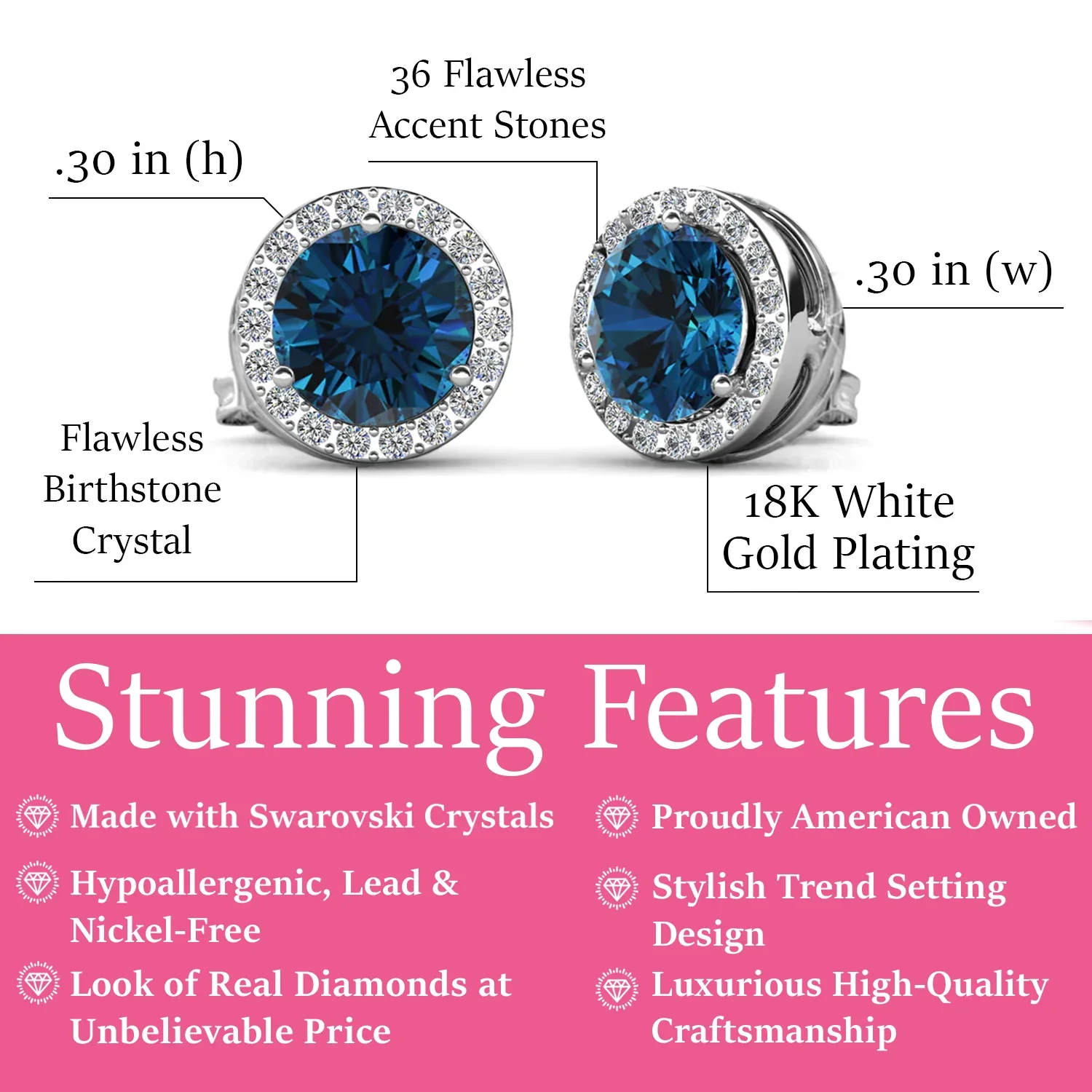 Royal 18k White Gold Plated December Birthstone Halo Earrings with Round Cut Blue Topaz Swarovski Crystals - Image 2