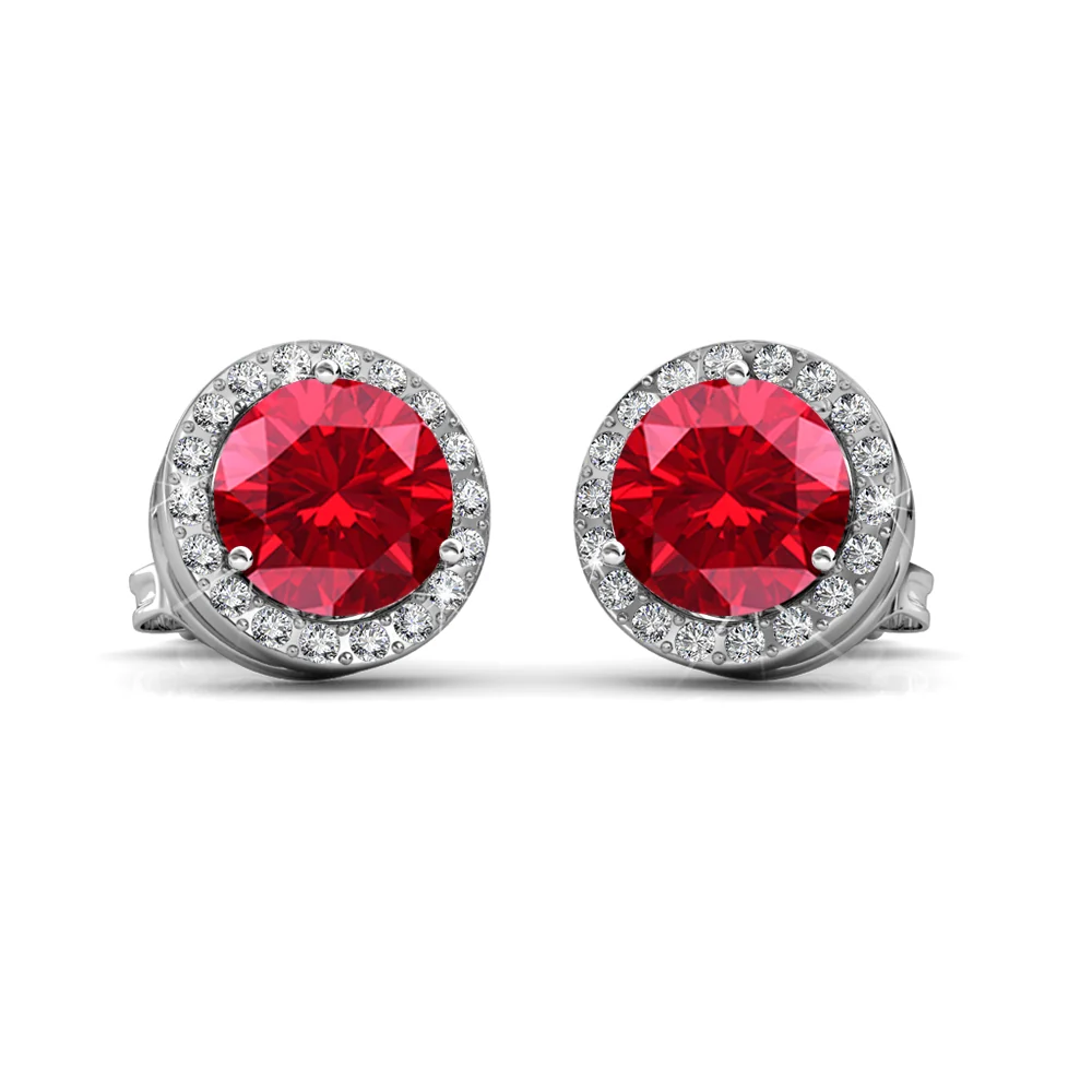 Royal 18k White Gold Plated July Birthstone Halo Earrings with Round Cut Ruby Red Swarovski Crystals - Image 5