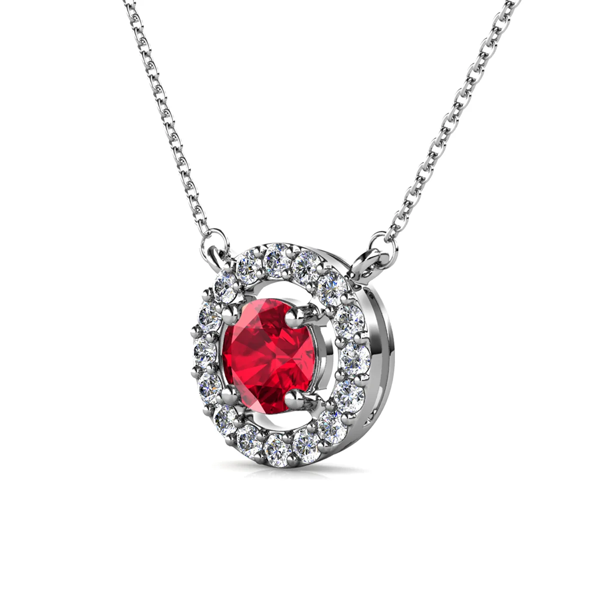 Royal 18k White Gold Plated July Birthstone Halo Necklace with Round Cut Ruby Red Swarovski Crystals - Image 4