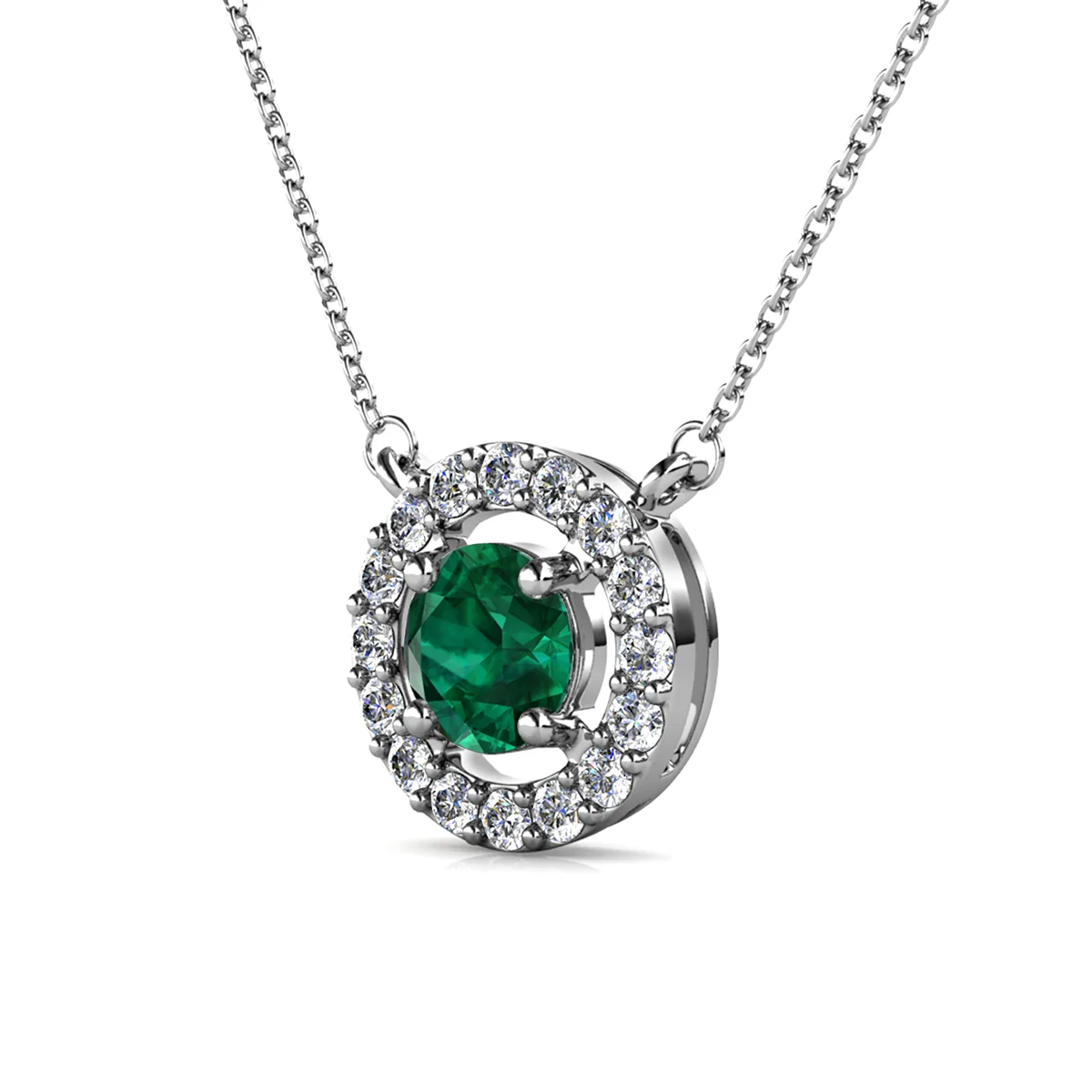 Royal 18k White Gold Plated May Birthstone Halo Necklace with Round Cut Emerald Swarovski Crystals - Image 4