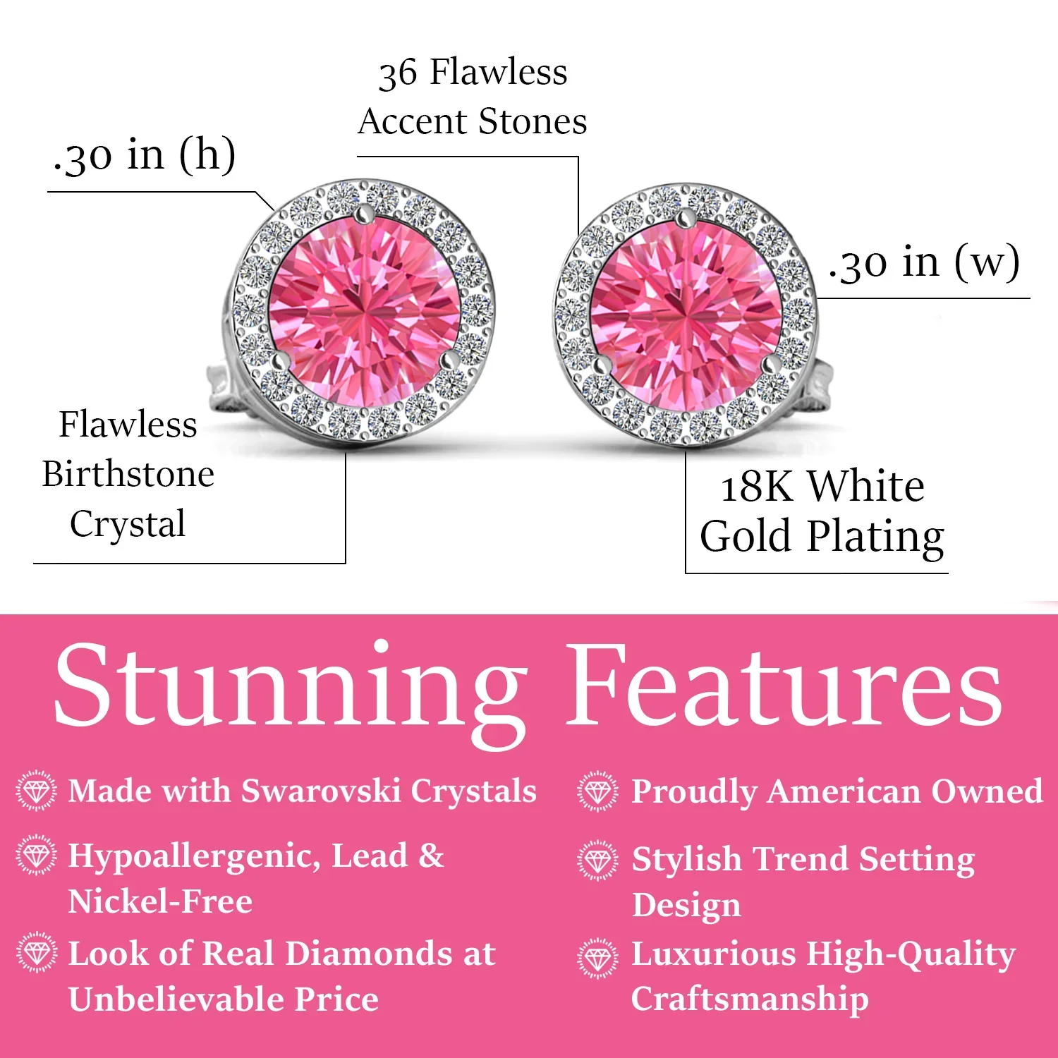 Royal 18k White Gold Plated October Birthstone Halo Earrings with Round Cut Pink Tourmaline Swarovski Crystals - Image 2