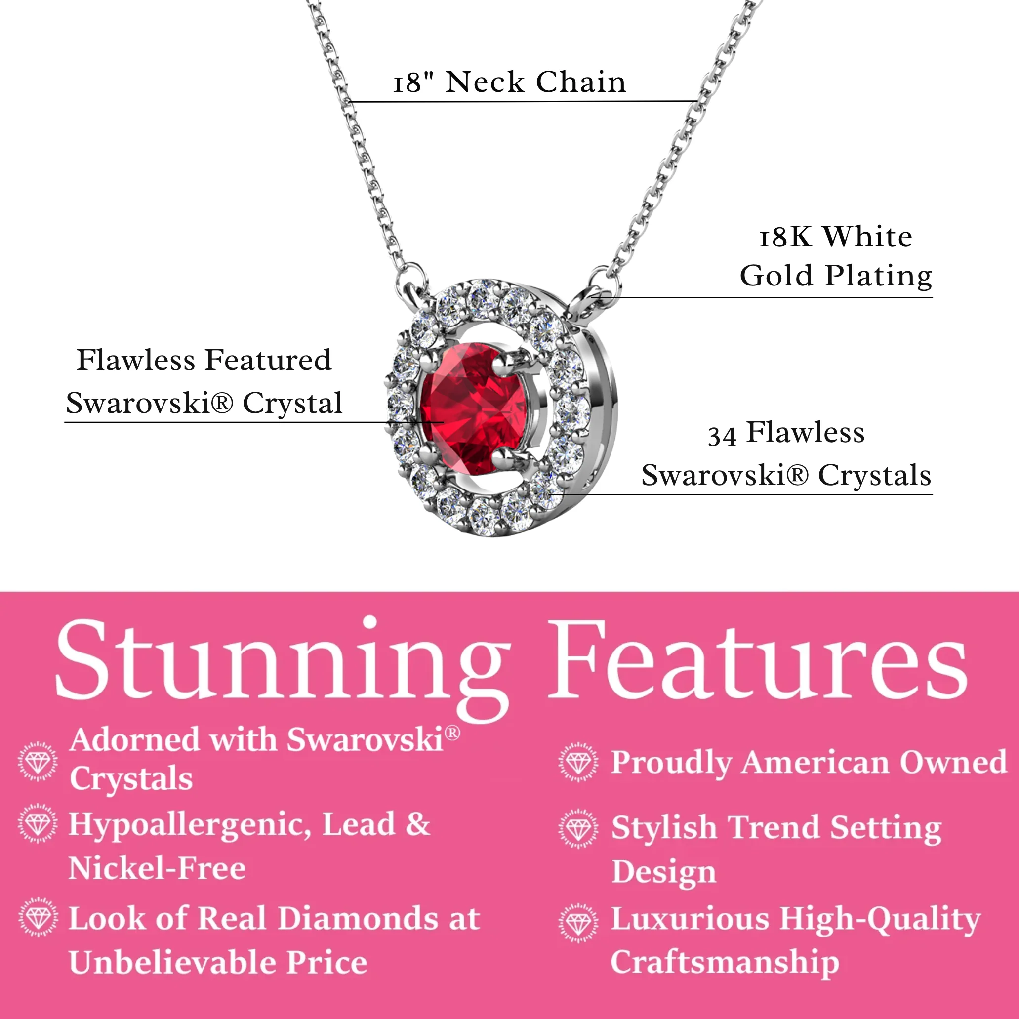 Royal Birthstone 18k White Gold Plated Halo Necklace with Round Cut Swarovski Crystals - Image 3