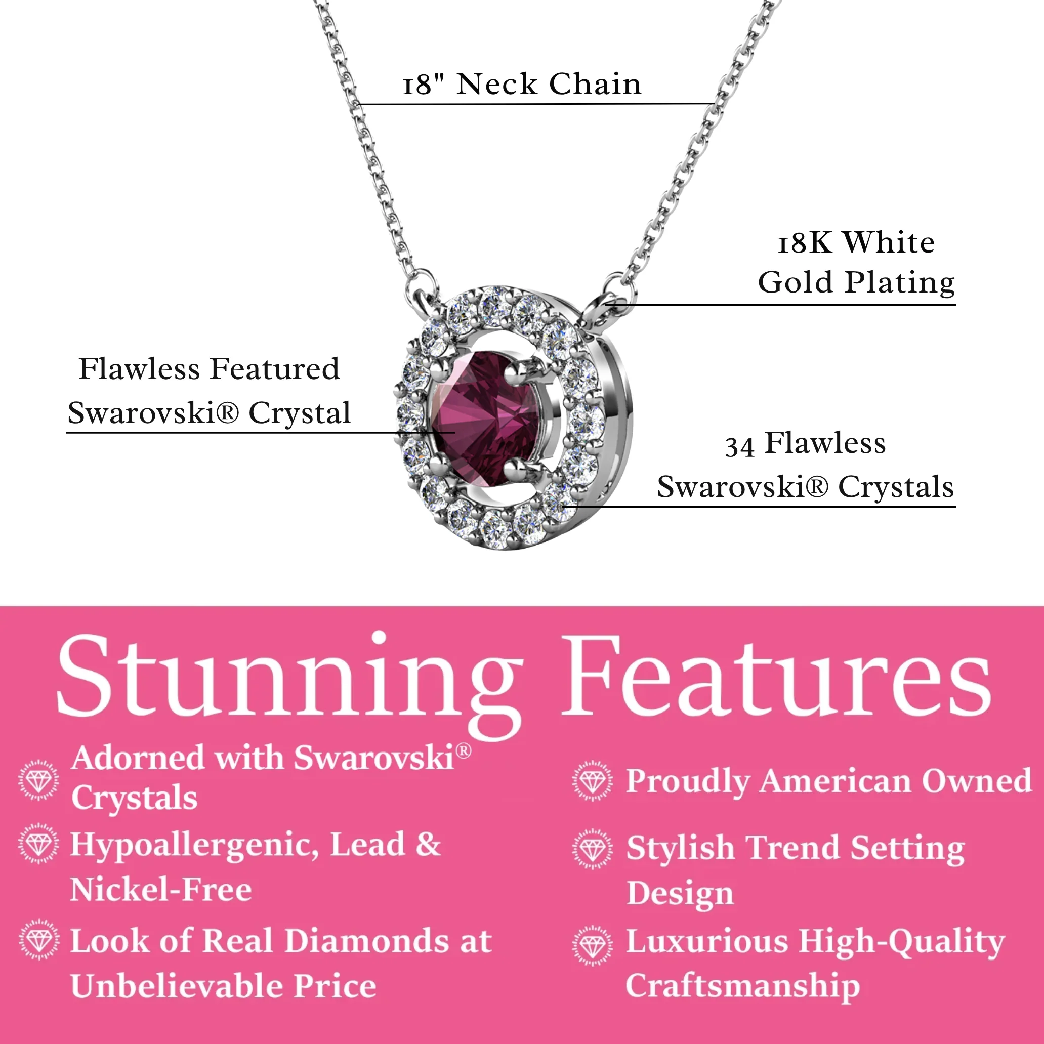 Royal Birthstone 18k White Gold Plated Halo Necklace with Round Cut Swarovski Crystals - Image 9