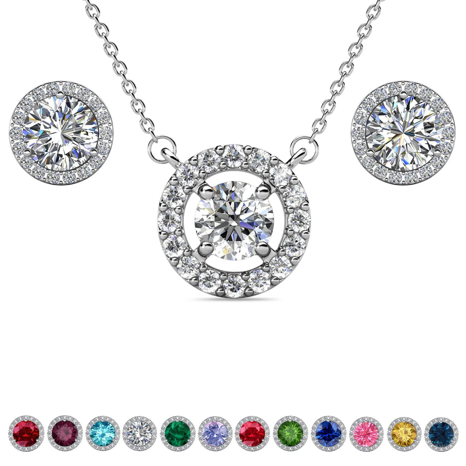Royal Birthstone 18k White Gold Plated Halo Stud Earrings and Necklace Set with Swarovski Crystals - Image 12
