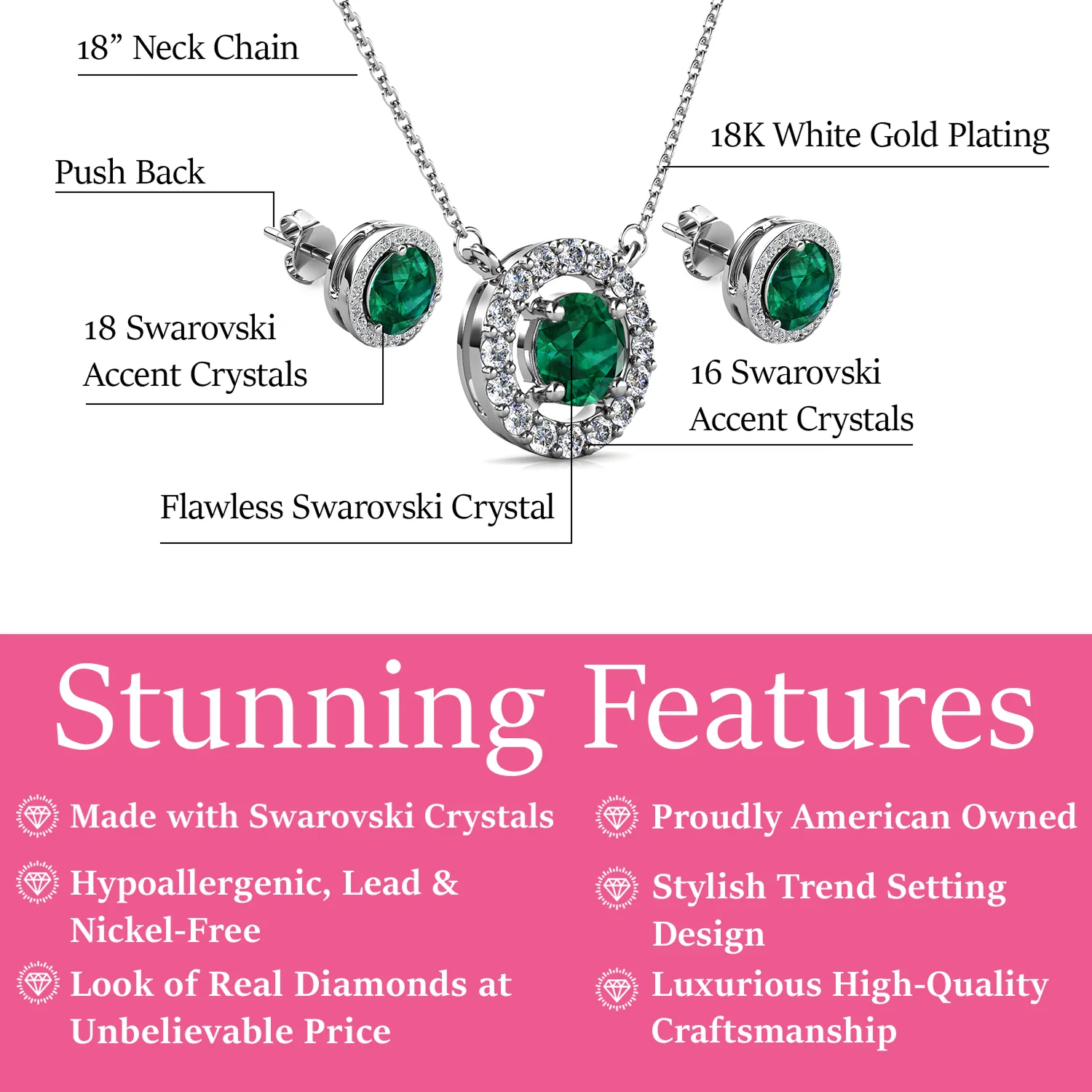 Royal Birthstone 18k White Gold Plated Halo Stud Earrings and Necklace Set with Swarovski Crystals - Image 15